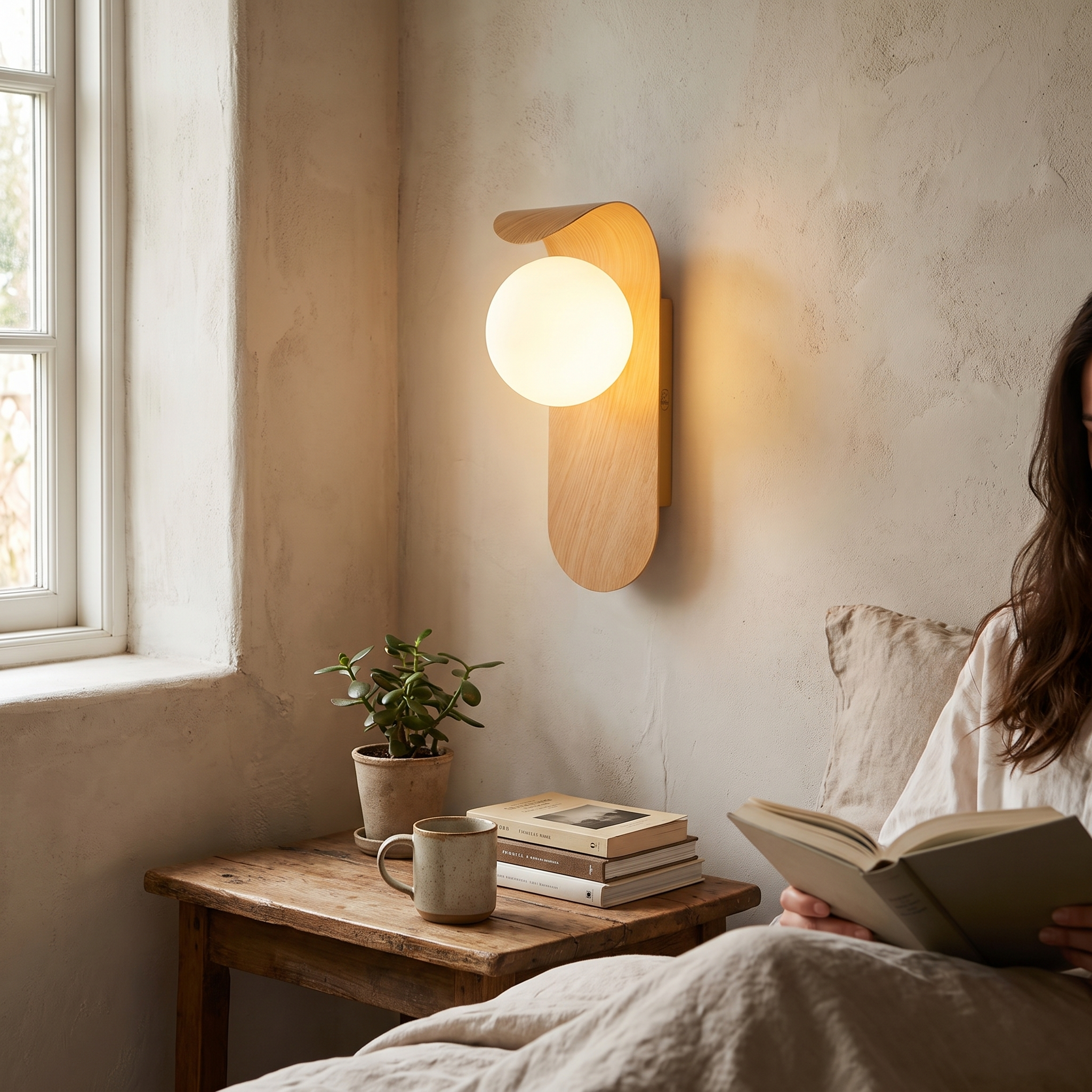 Skandinavisk væglampe i træ med glaskugle | LED-vægbelysning til soveværelse og stue
