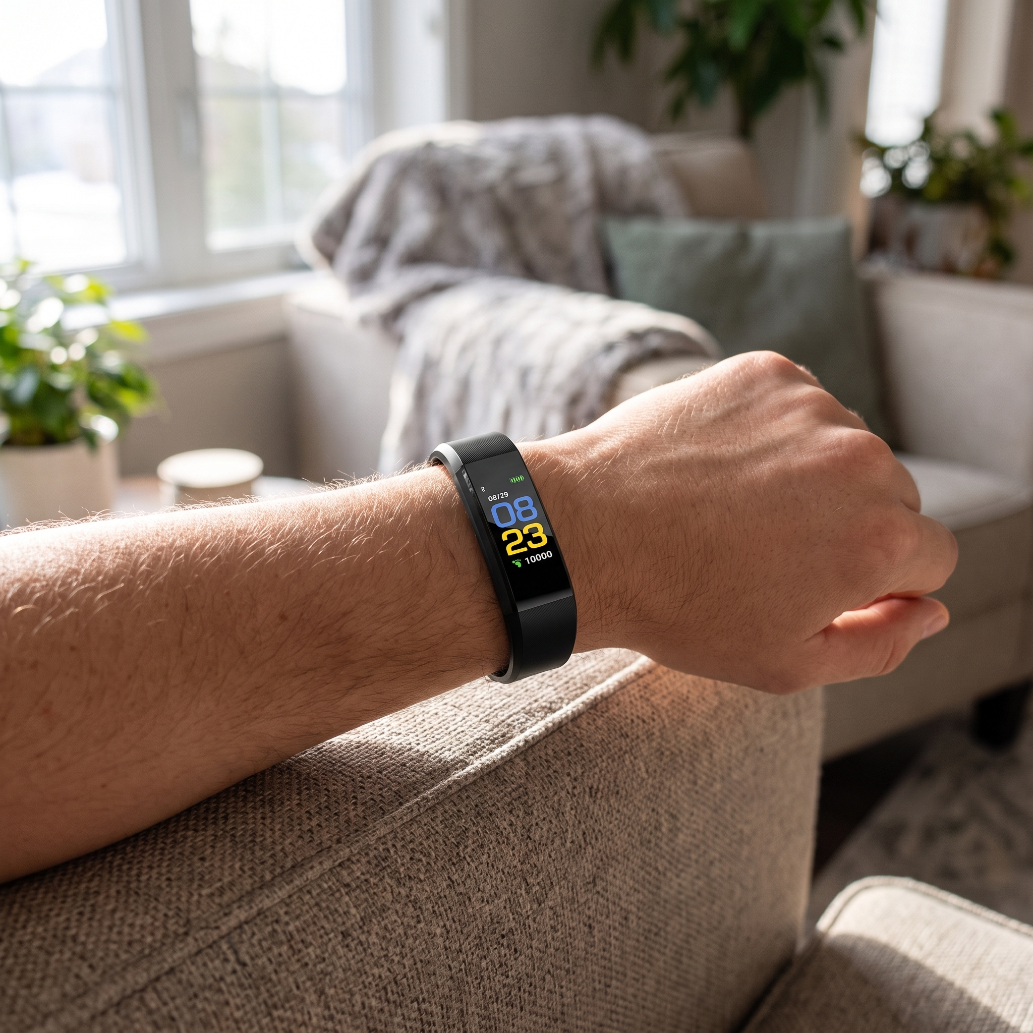 Smartwatch mit Sturzerkennung, die zu Hause am Handgelenk getragen wird