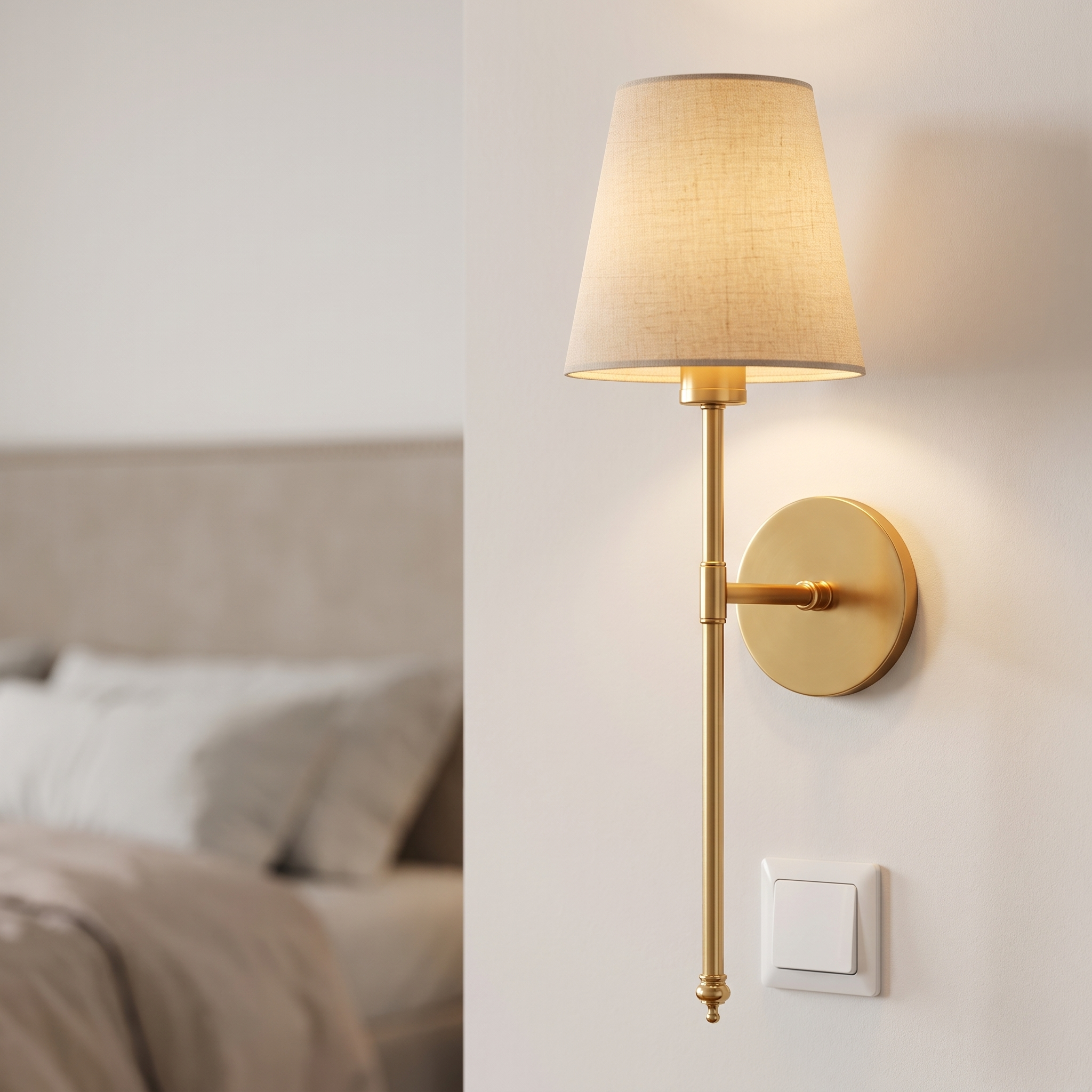 Wandlampe ohne Bohren mit 3M-Klebestreifen neben dem Bett