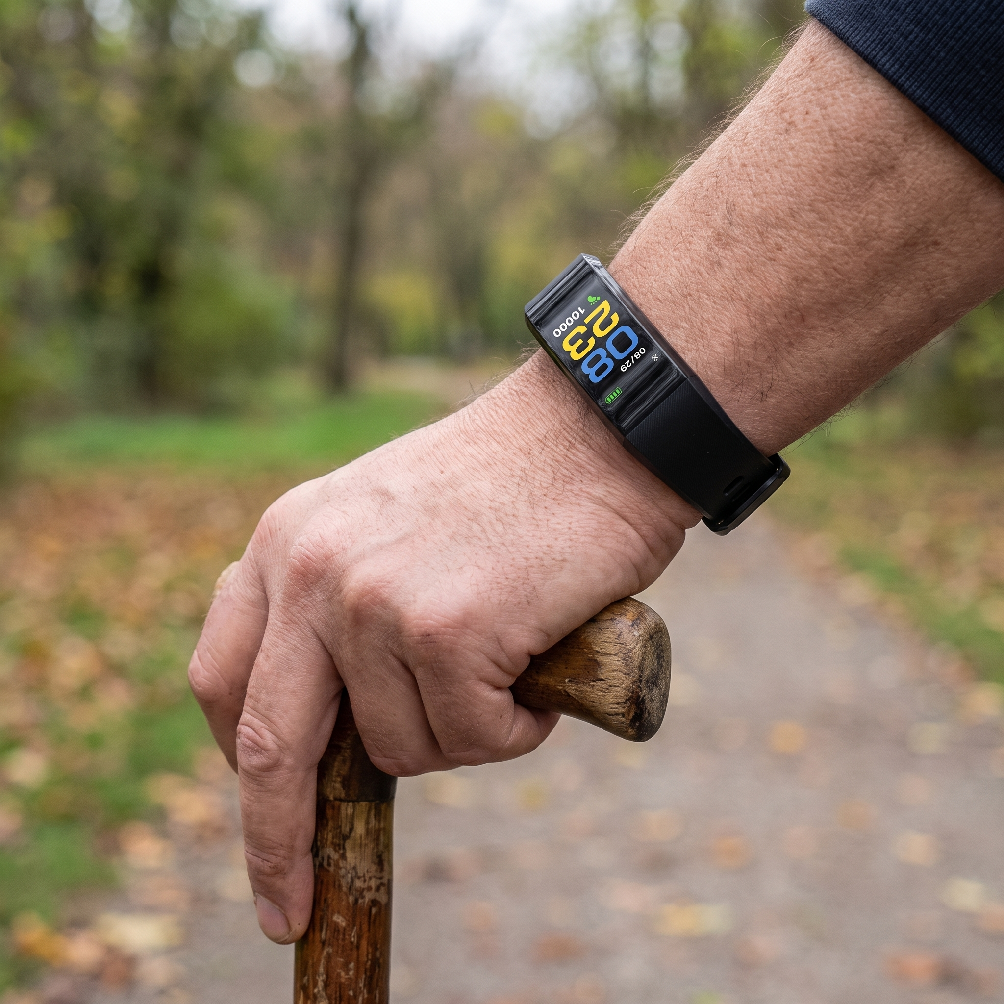 GPS-Uhr mit Notruftaste am Handgelenk während eines Spaziergangs