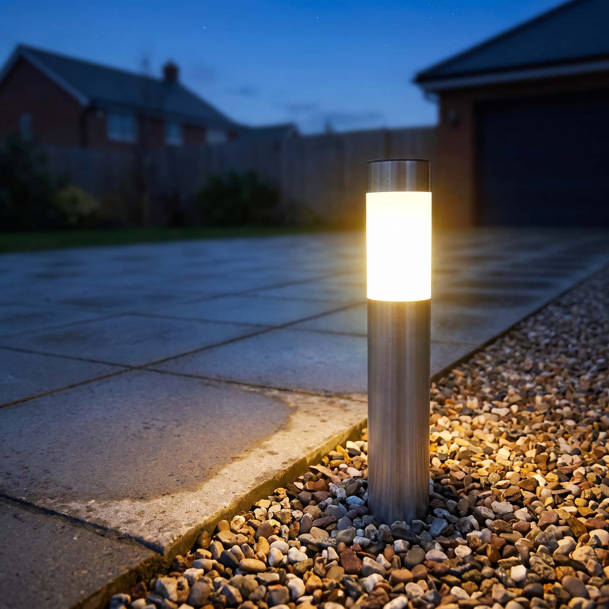 Solar-Gartenbeleuchtung entlang einer Einfahrt in der Dämmerung