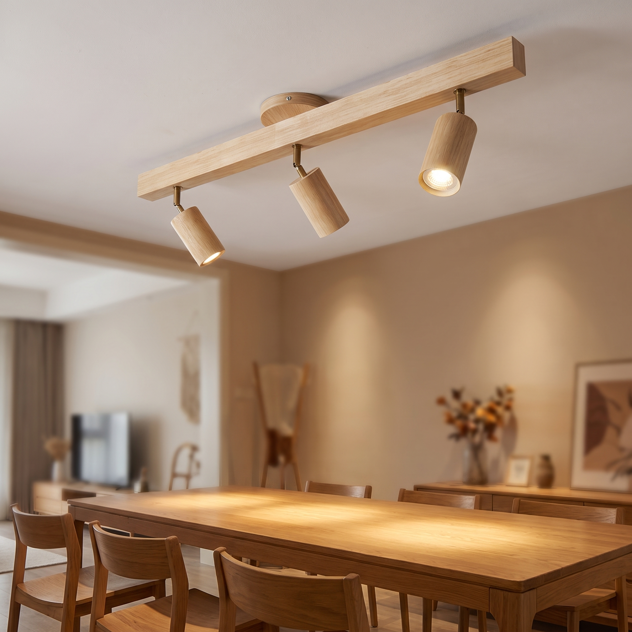 Holz-Deckenstrahler-Schiene über einem Esstisch