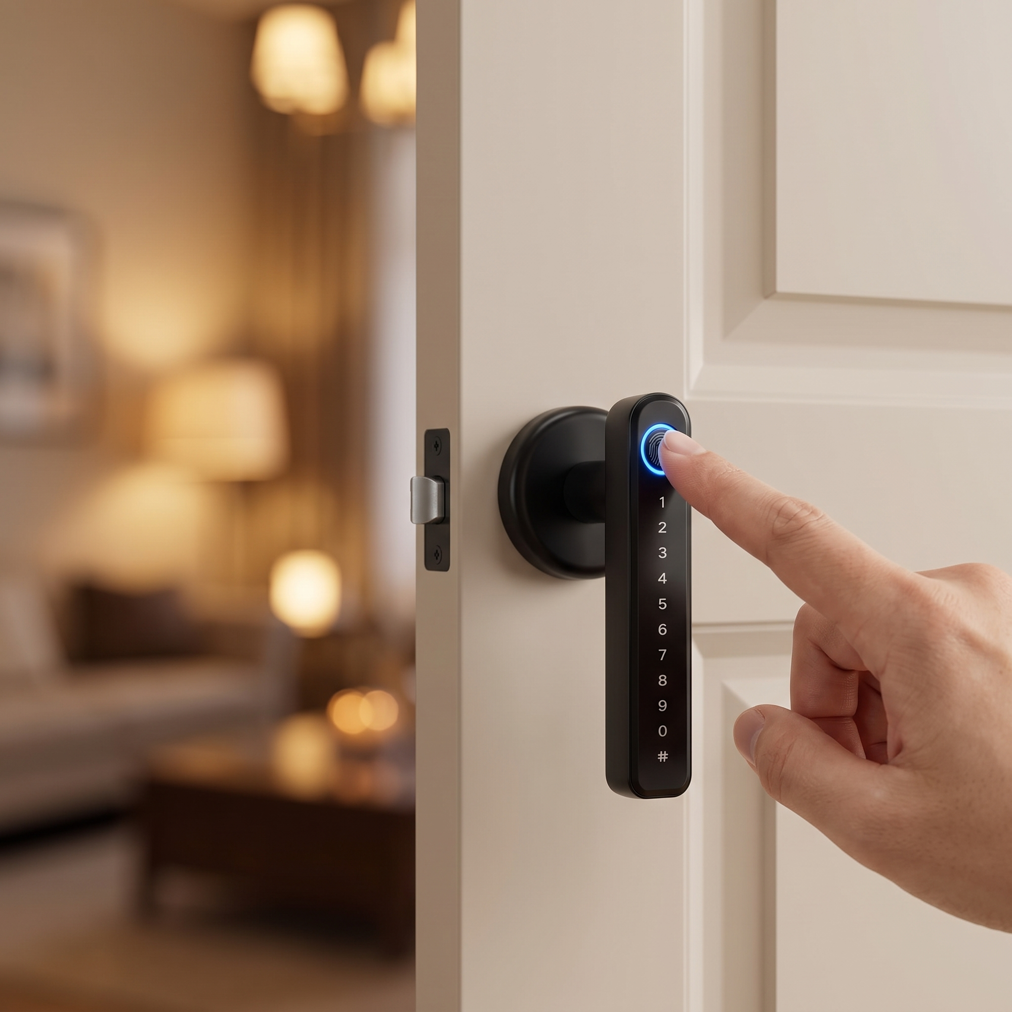 Fingerabdruckschloss an einer Tür mit Finger auf dem Sensor