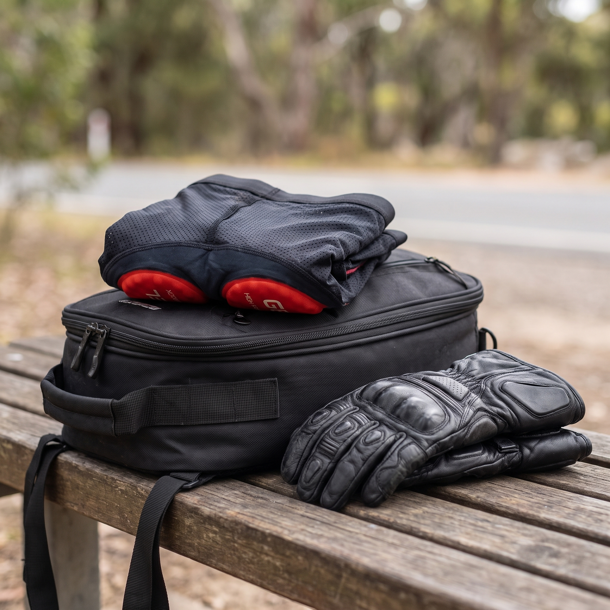 Zusammengelegte gepolsterte Motorrad-Unterhose auf einem Tankrucksack mit Handschuhen