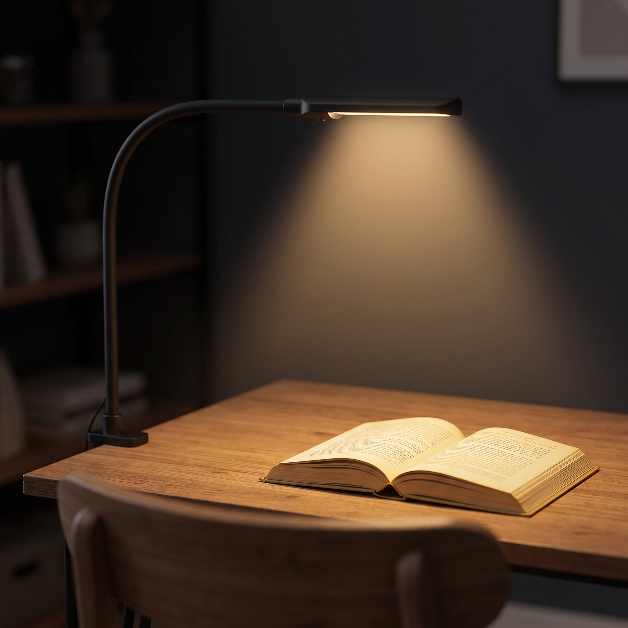 Bureaulamp met warm licht boven een open boek in een donkere kamer