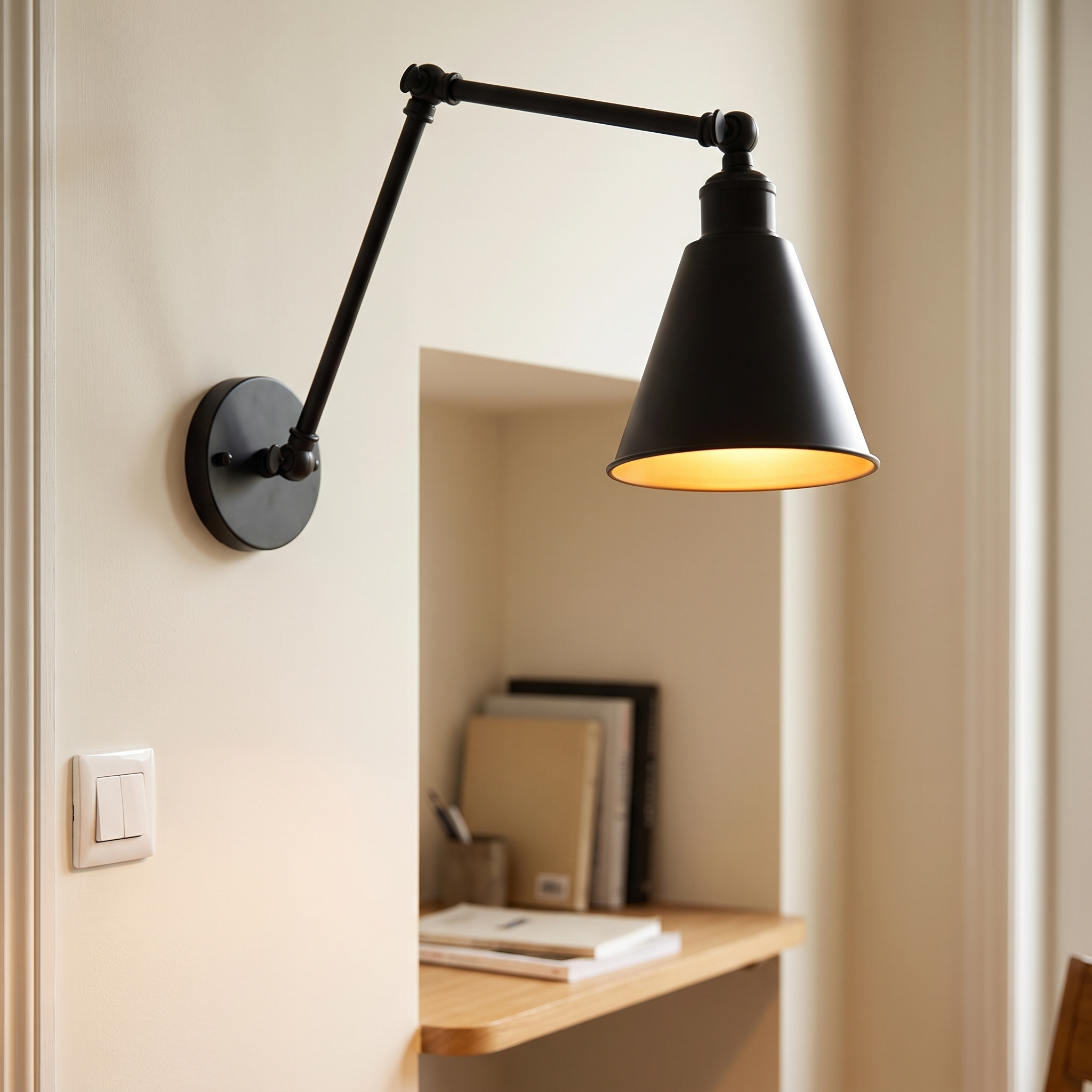 Zwarte wandlamp met uitgeklapte zwenkarm boven een werkhoek