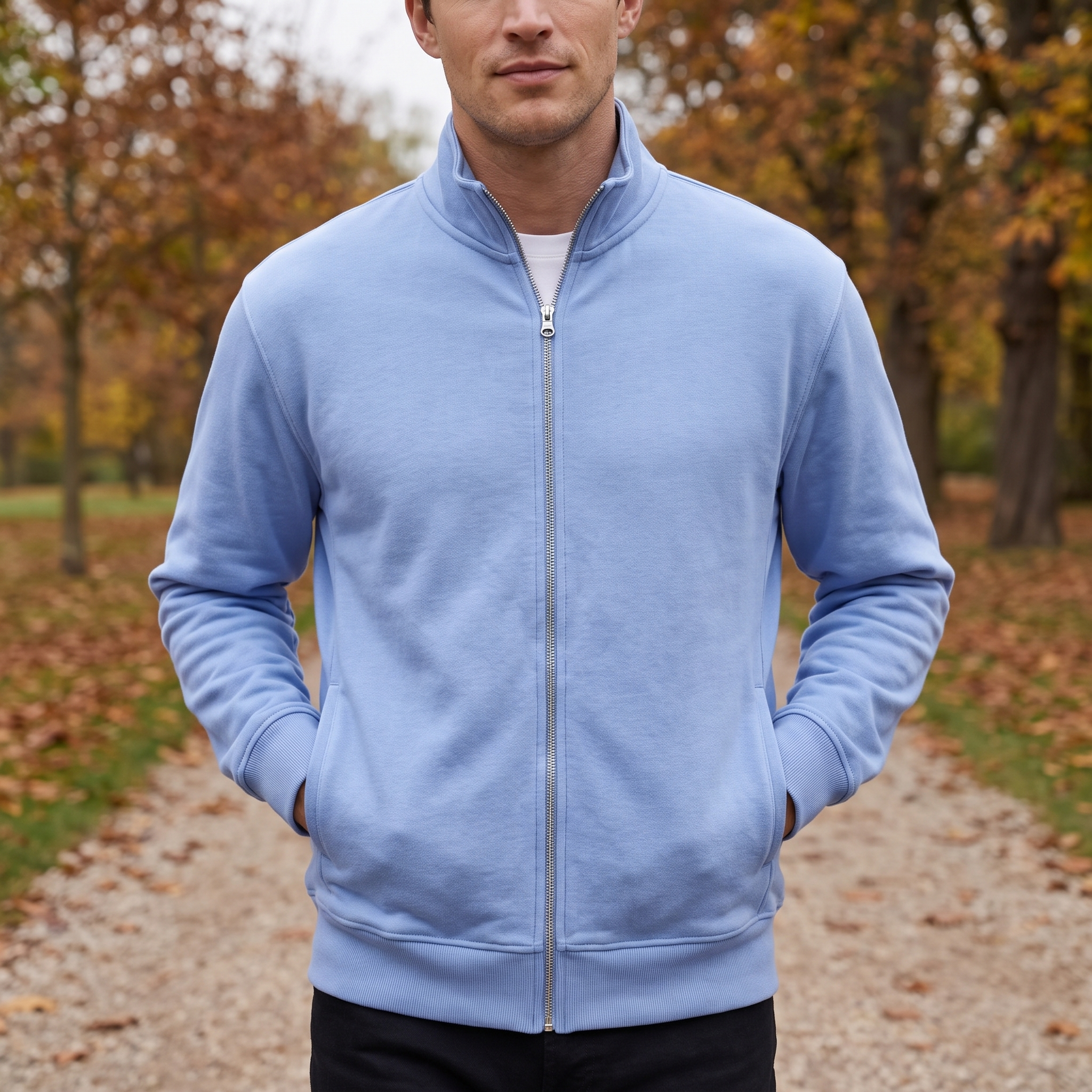 Mann in einer Sportweste mit Reißverschluss auf einem Wanderweg im Herbst