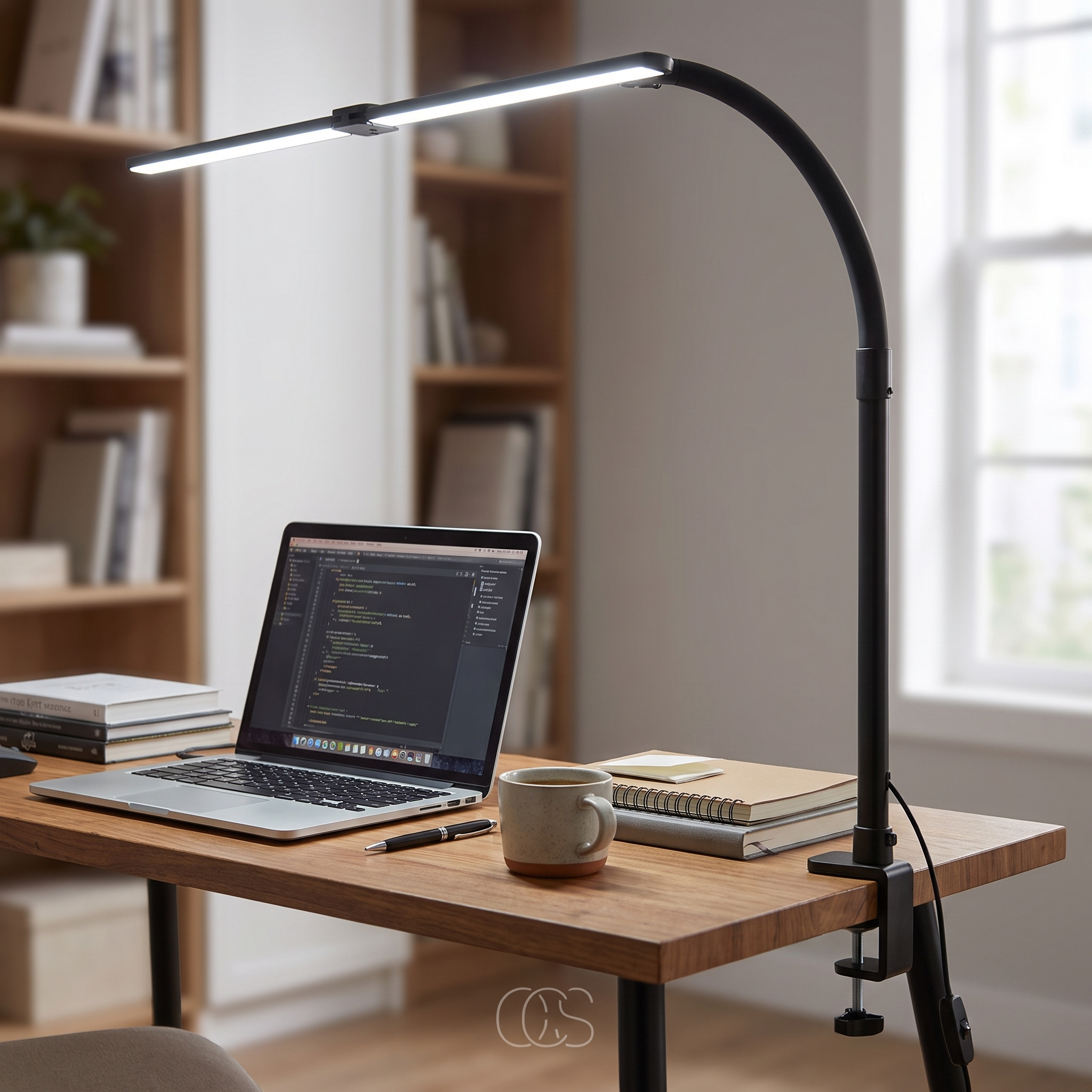 Lampe de bureau à pince fixée au bord d’un bureau encombré