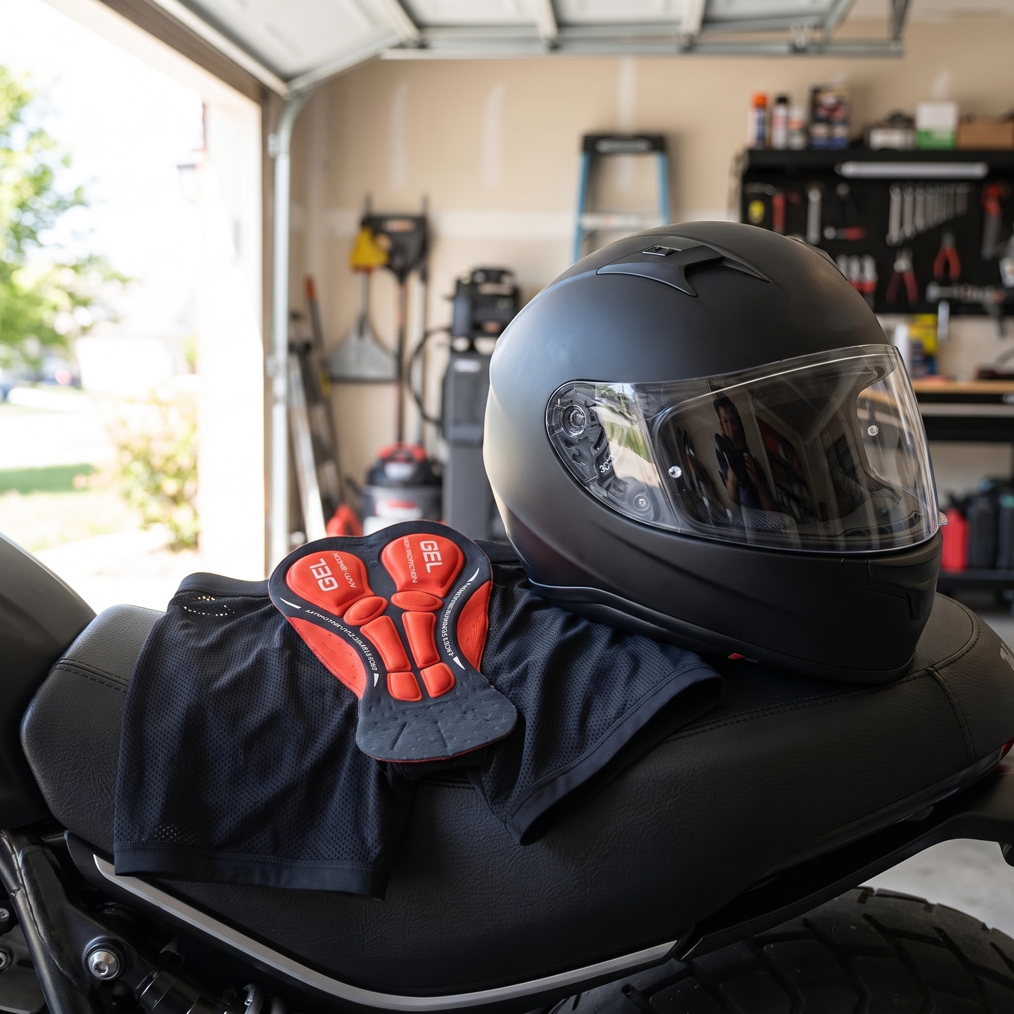 Pantalon de moto avec coussin de selle en gel sur une selle de moto, avec un casque à côté