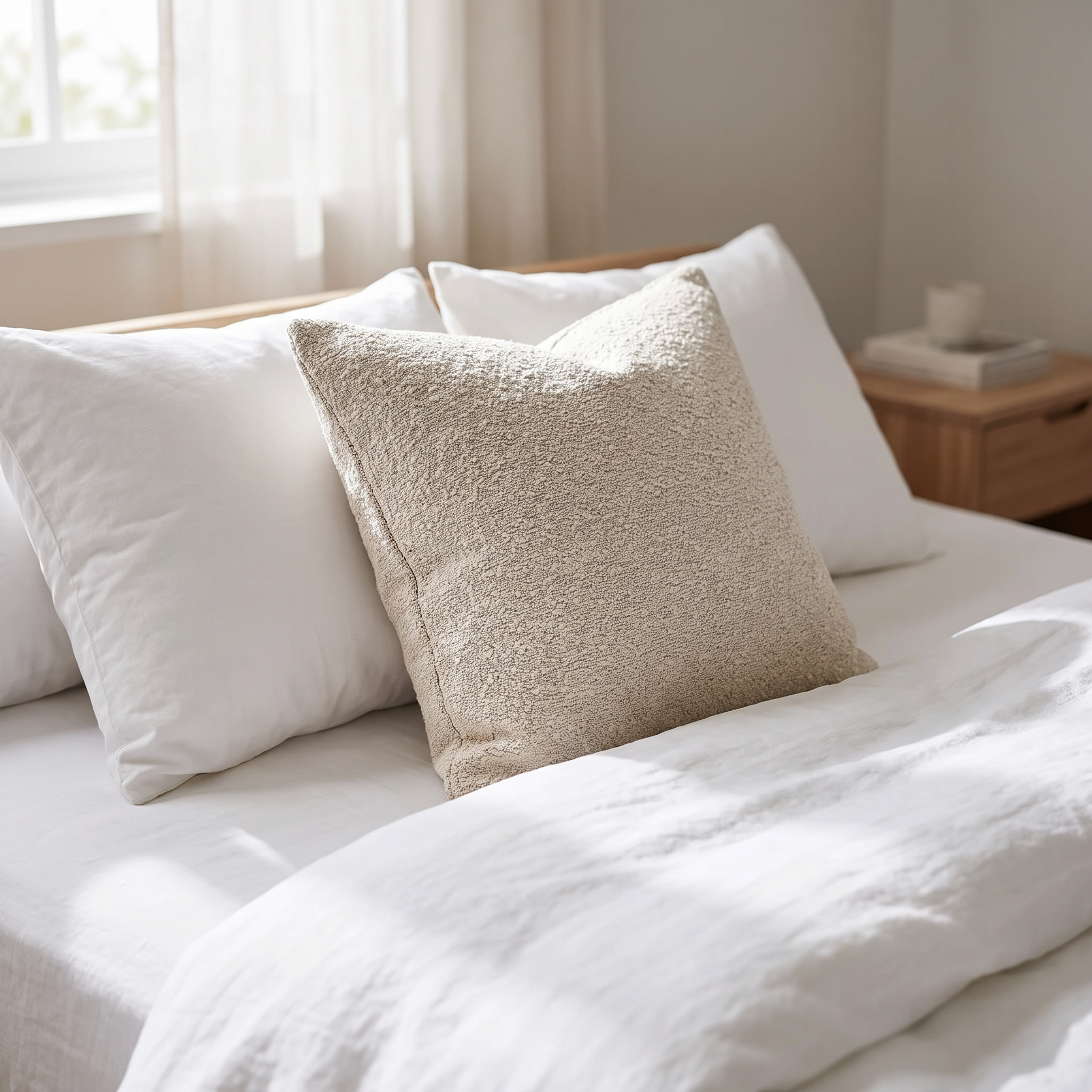 Bouclé sierkussenhoes op een opgemaakt bed