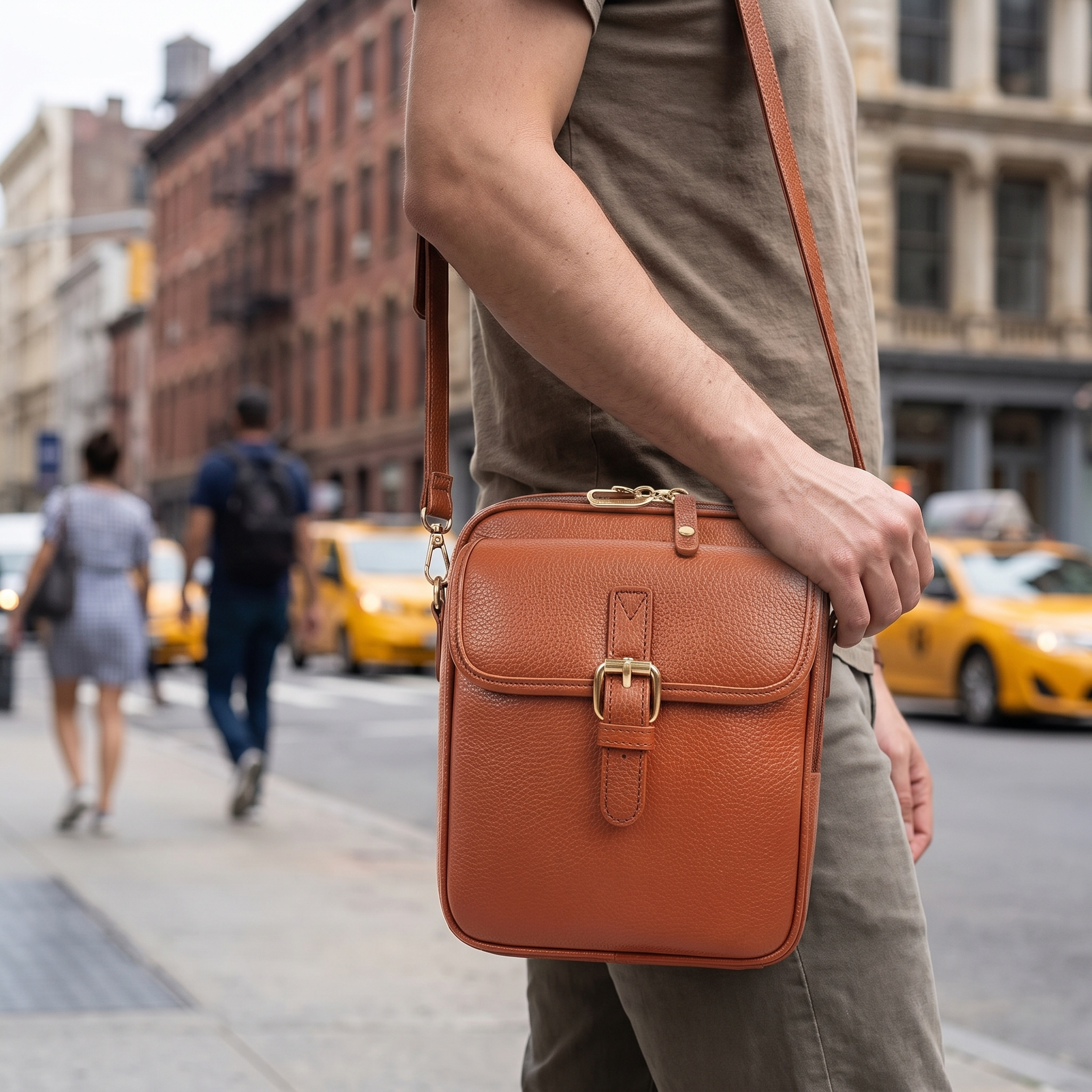 Anti diefstal crossbody tas gedragen op heuphoogte in de stad