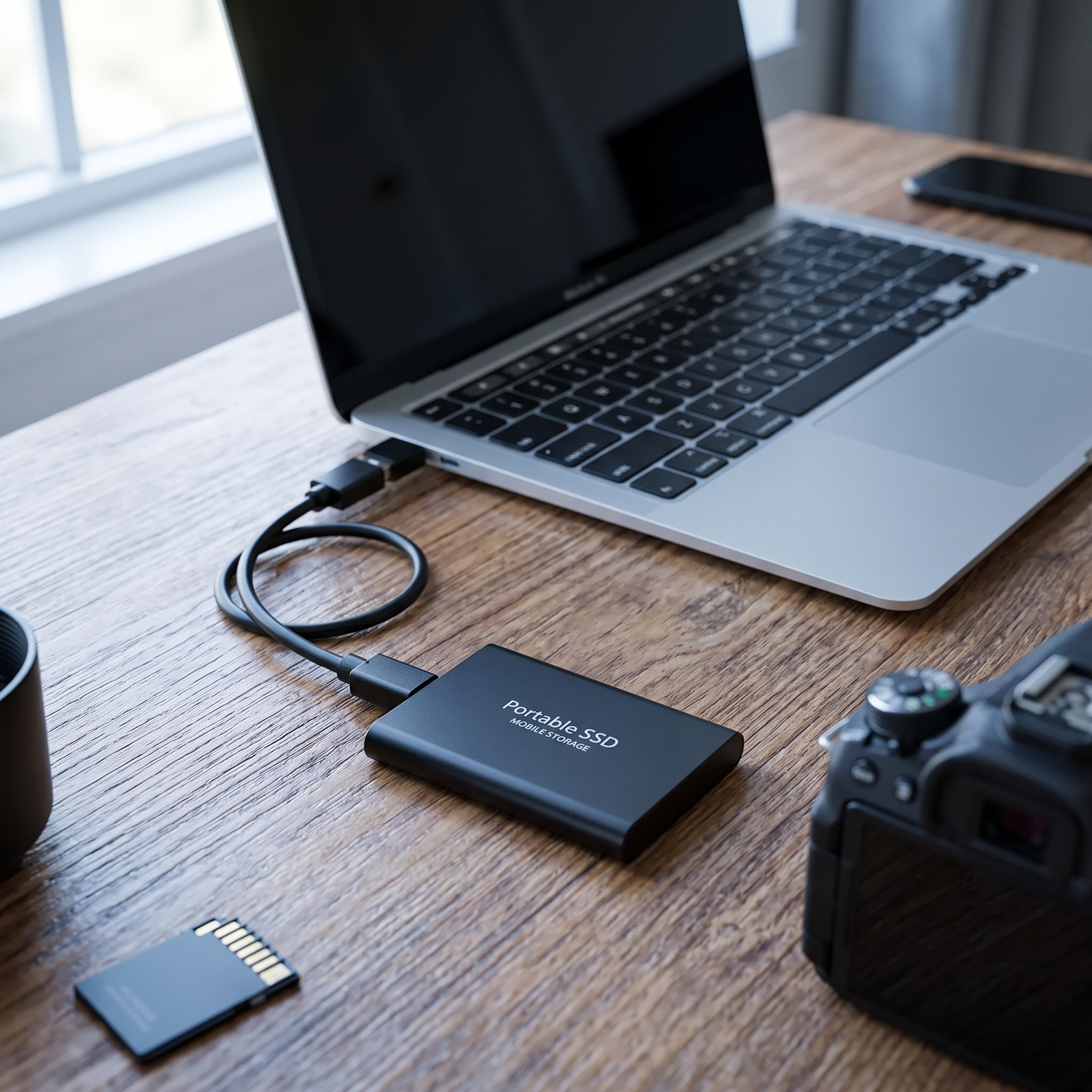 Externe SSD van 2TB naast een laptop en een camera op een bureau