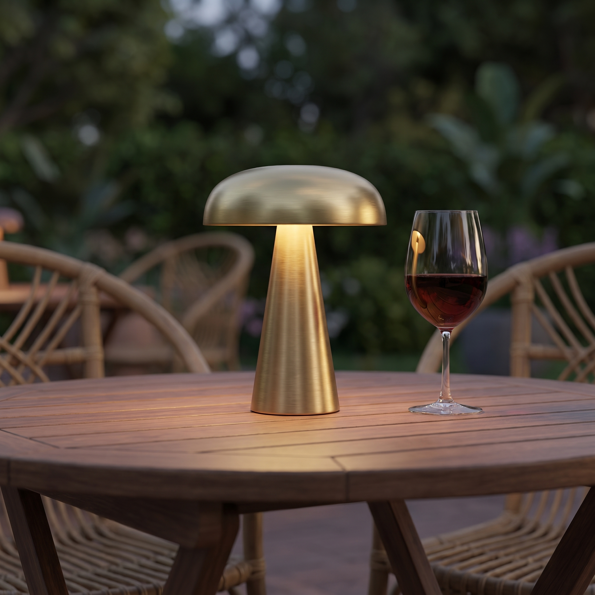 Aufladbare Tischlampe auf einem Terrassentisch am Abend