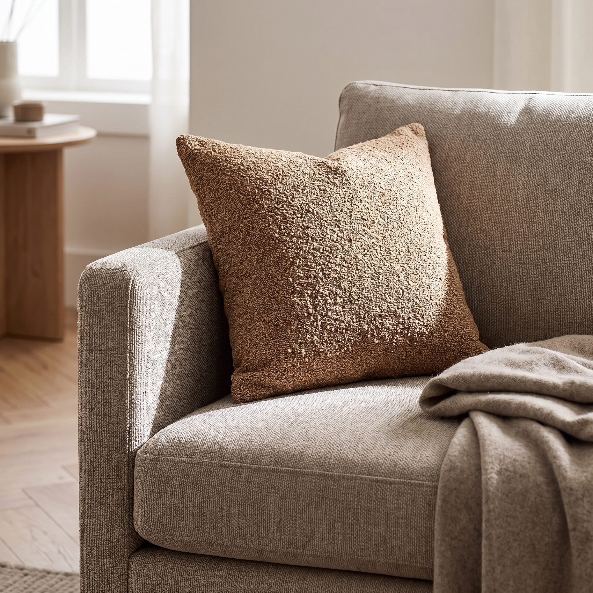 Housse de coussin bouclé de 45x45 cm contre l’accoudoir d’un canapé