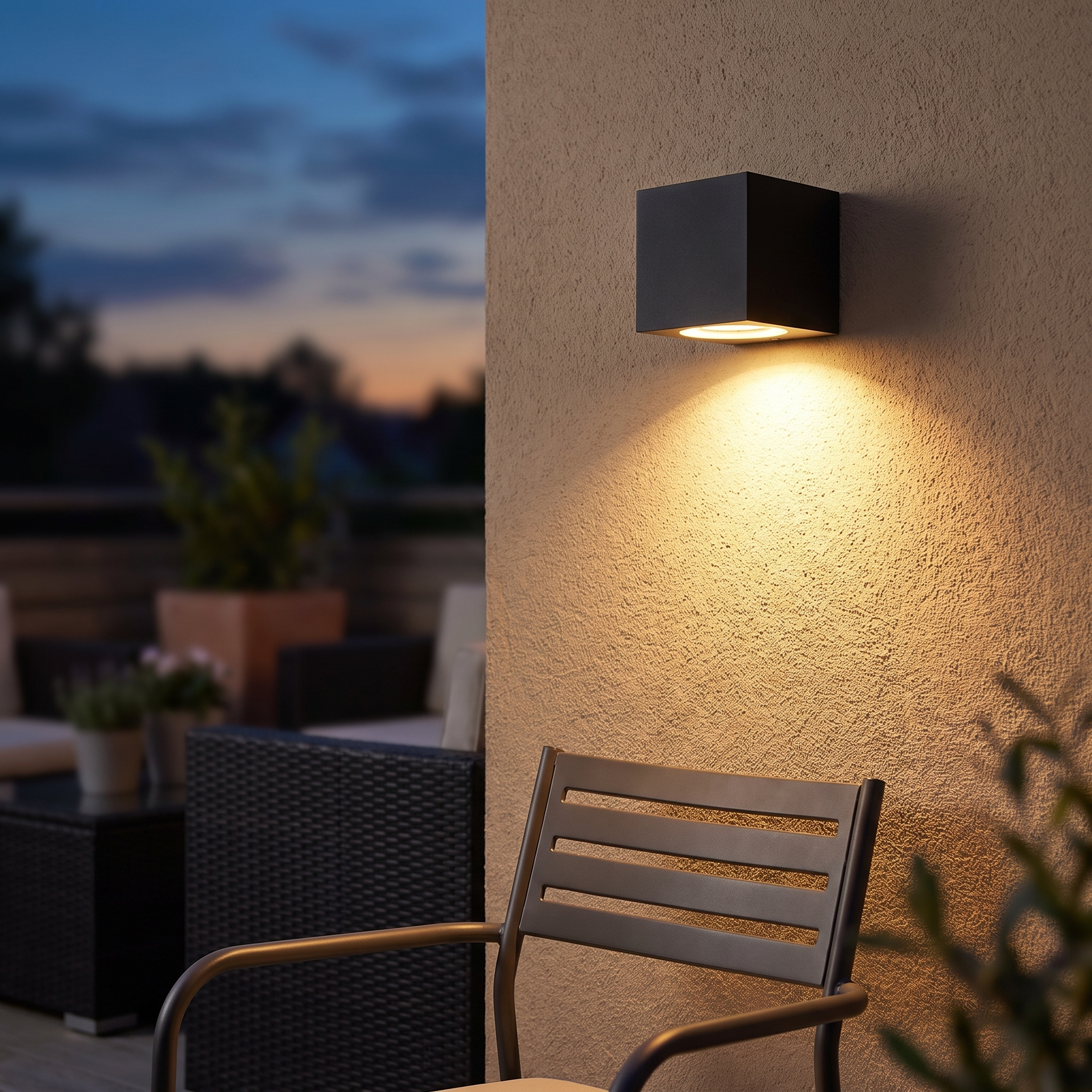 Applique murale extérieure noire sur un mur de jardin près d’une terrasse