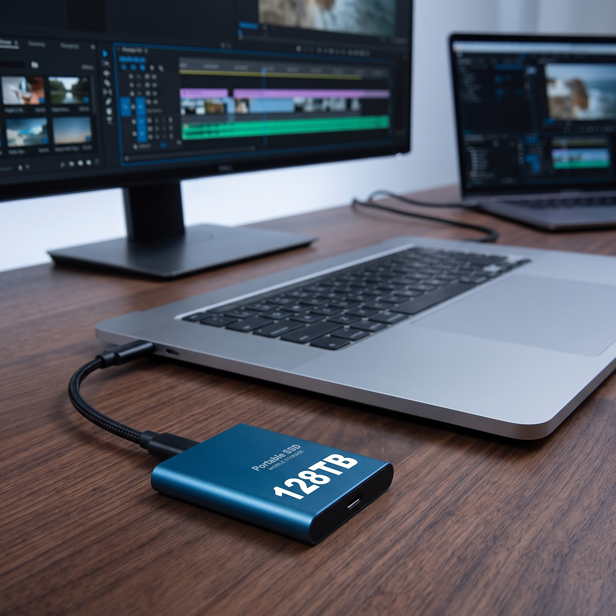 External SSD with USB-C connected to a laptop on a desk