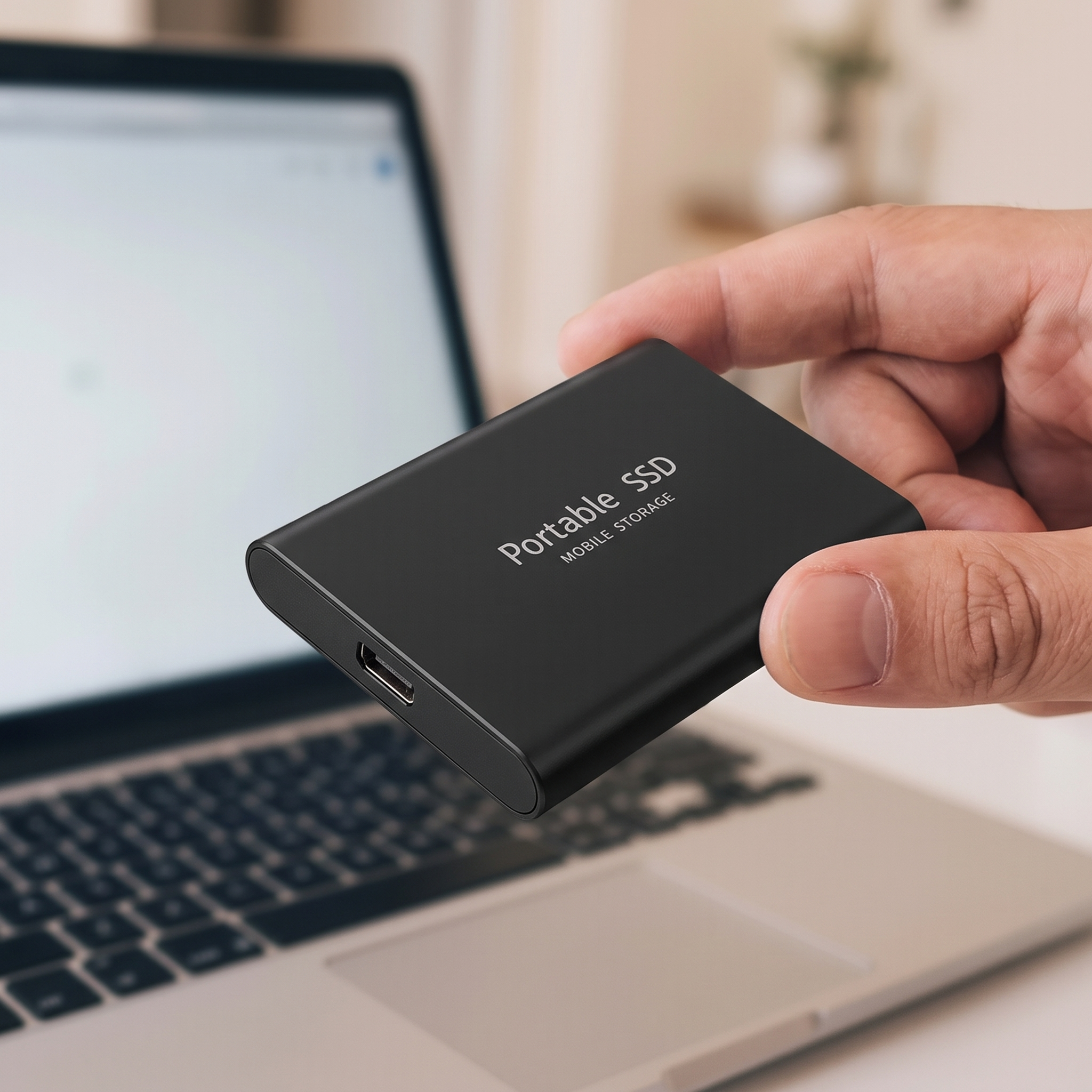 Draagbare SSD in de hand boven een laptop