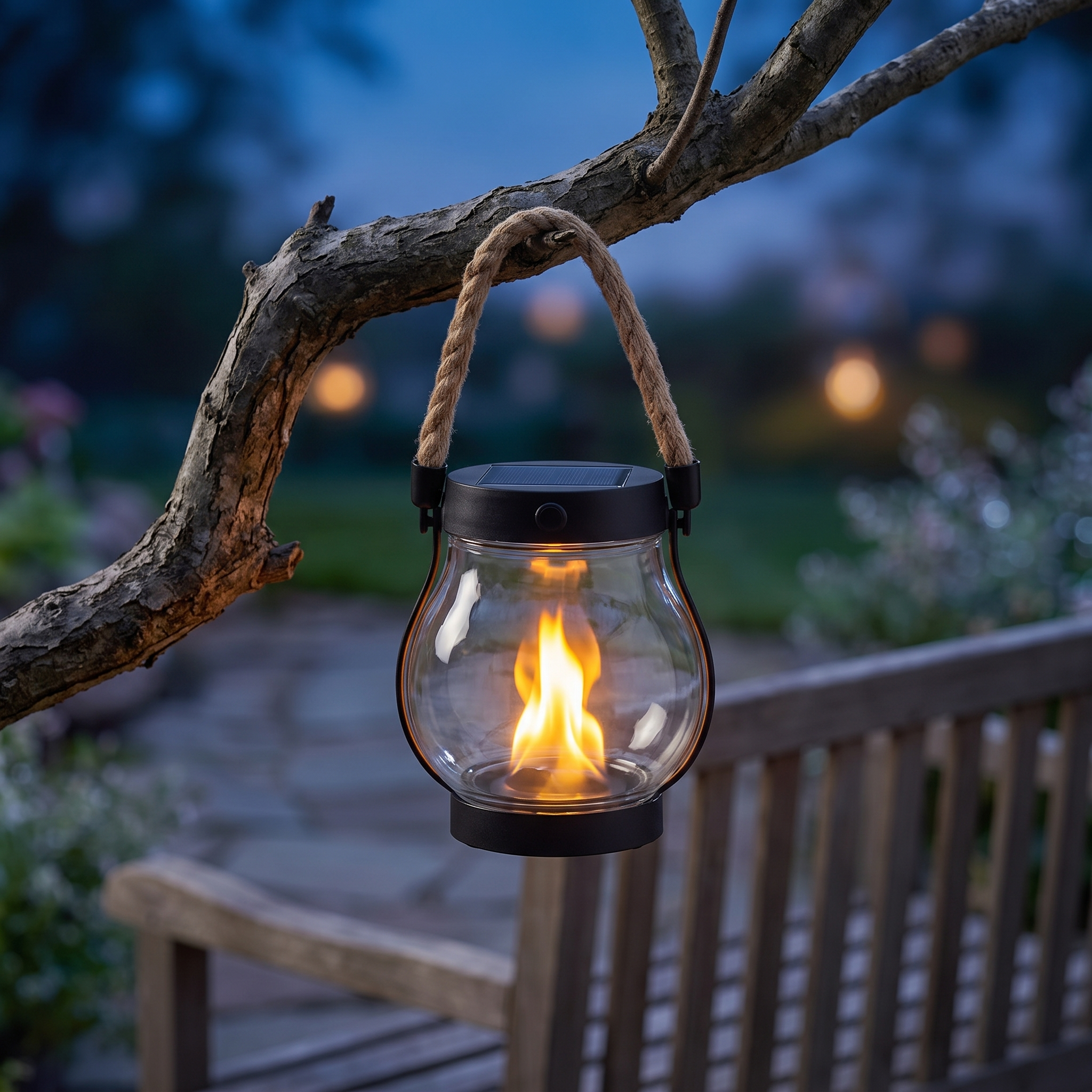 Solar hanging lantern on a branch above a garden bench at dusk