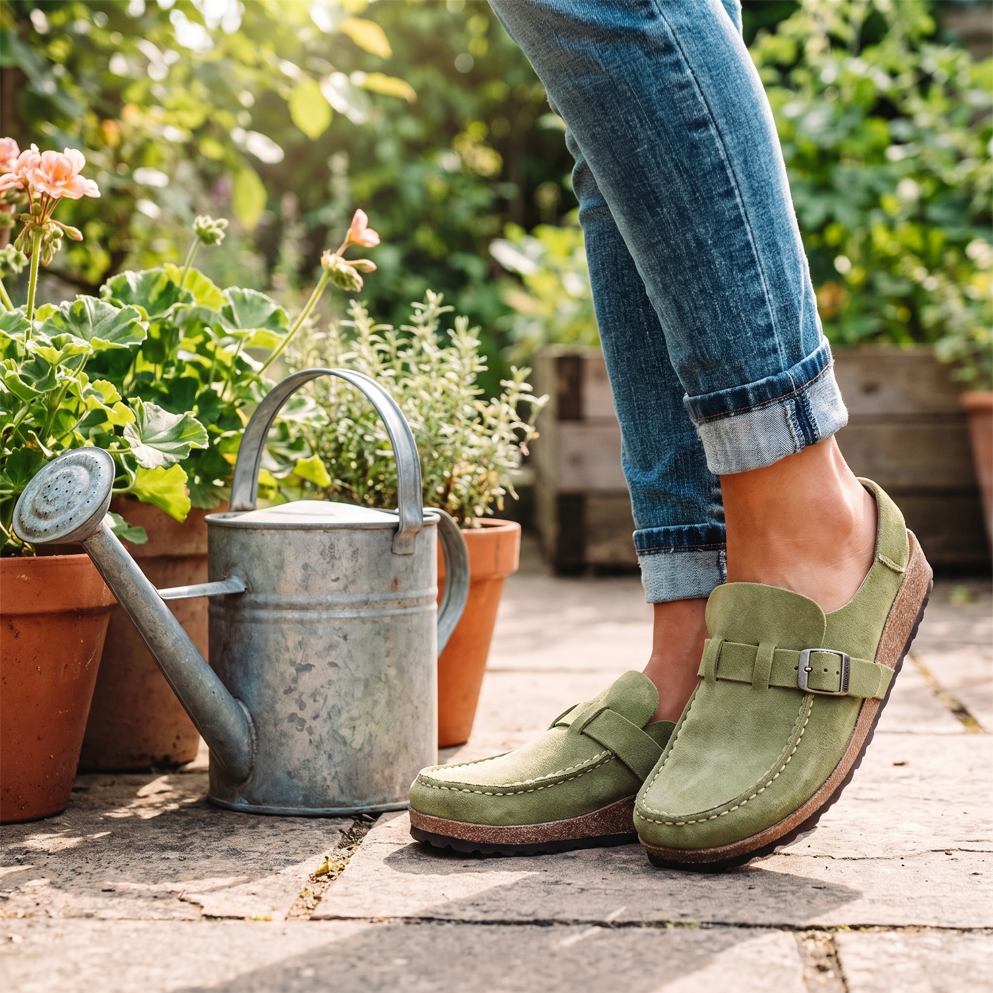 Clogs with an ergonomic footbed worn on a garden terrace