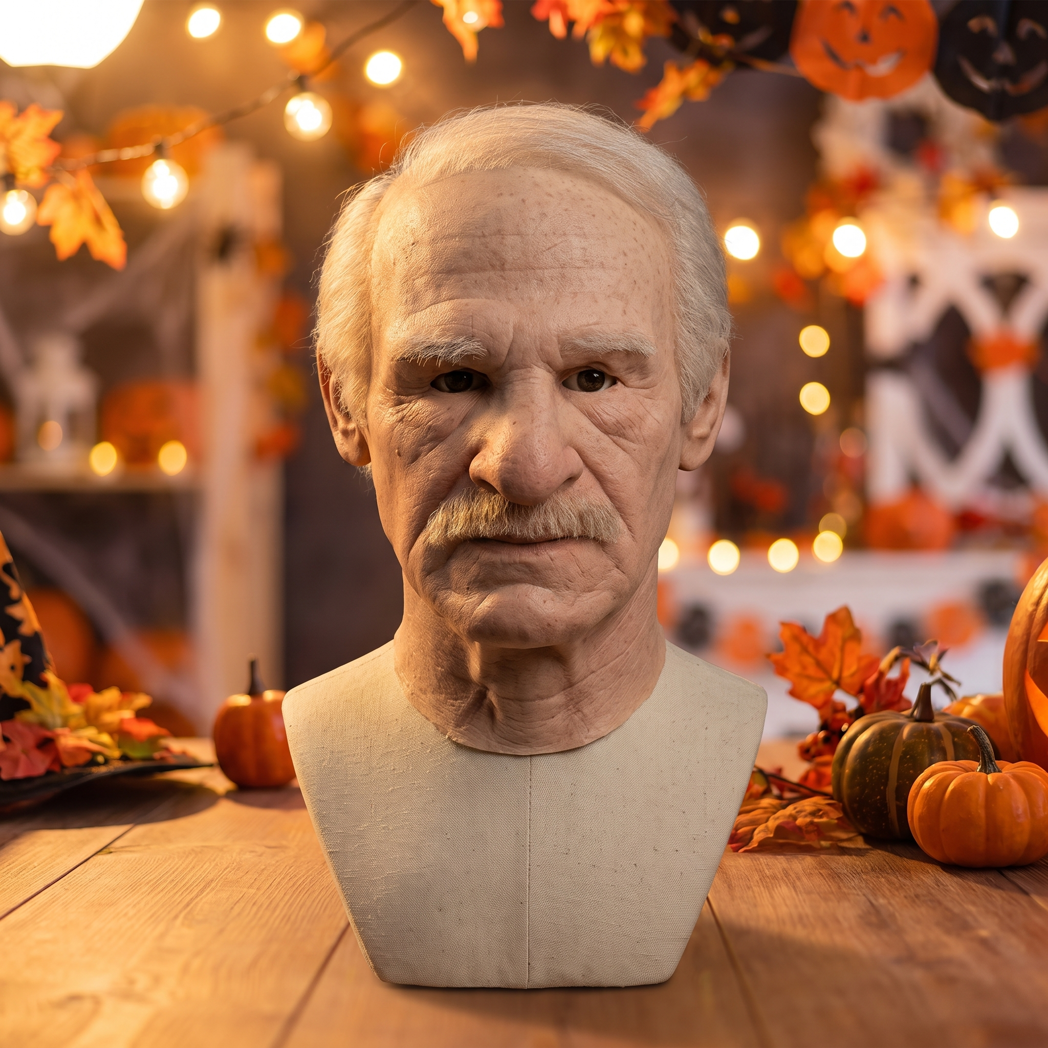 Latex head mask on a stand in a Halloween setting
