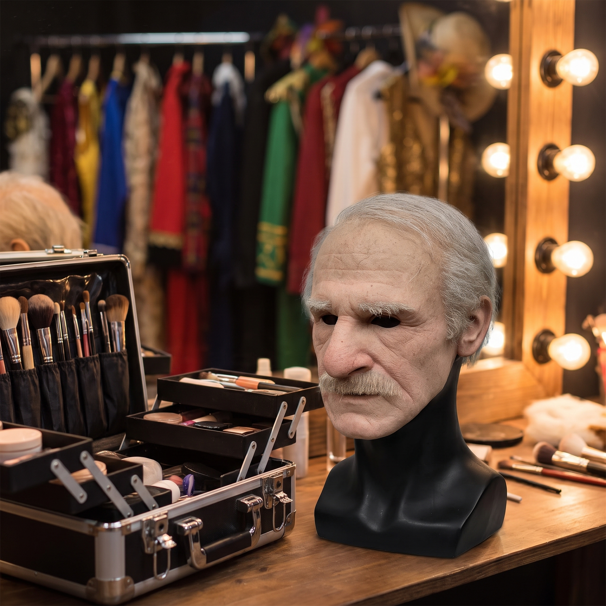 Latex full head mask on a stand in a theater dressing room