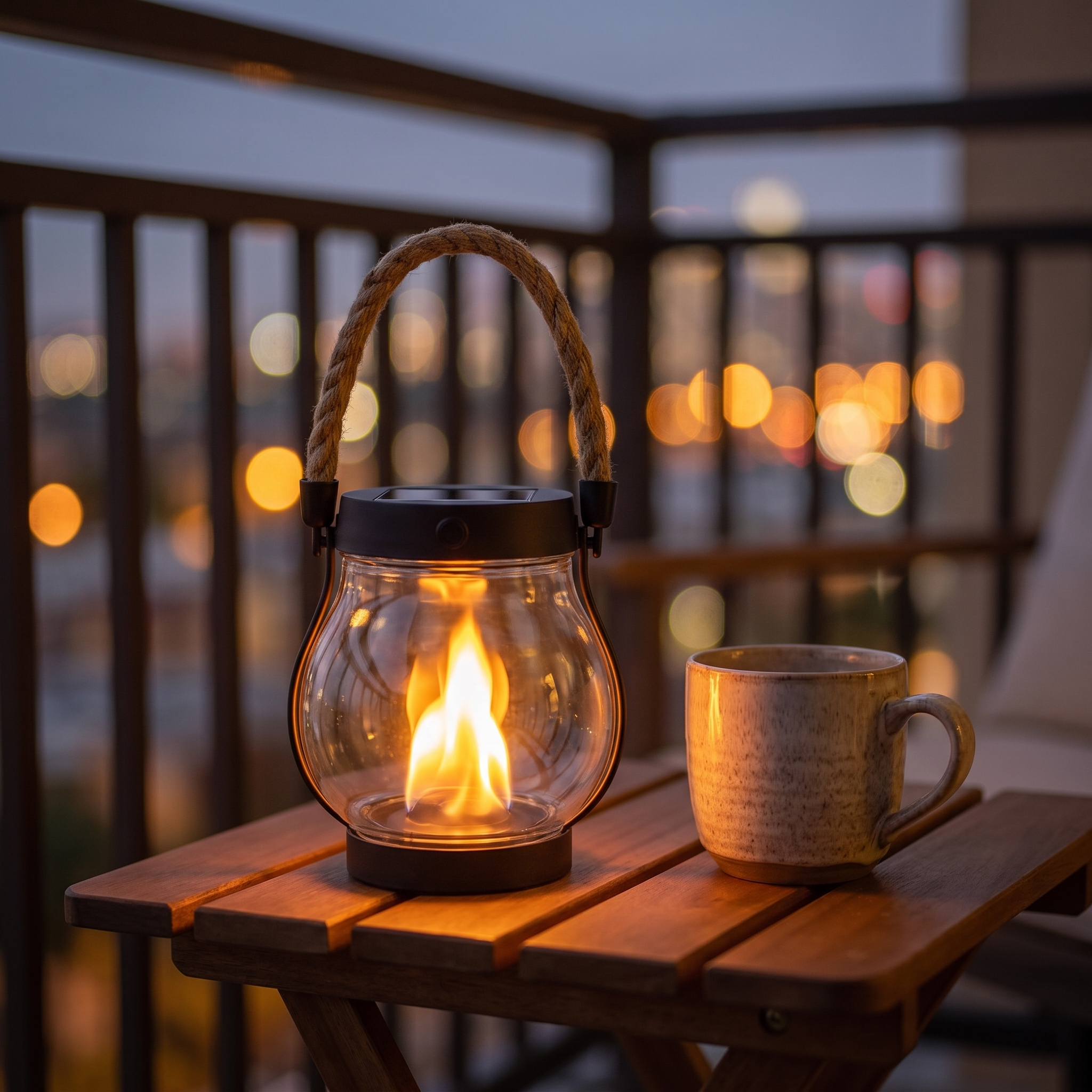 Solar lantern with flame effect on a balcony table in the evening