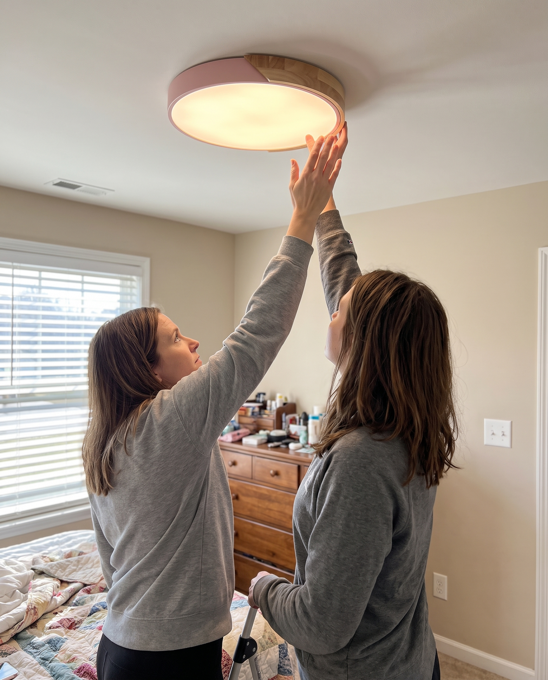 Round Wood Ceiling Light Fixture in use