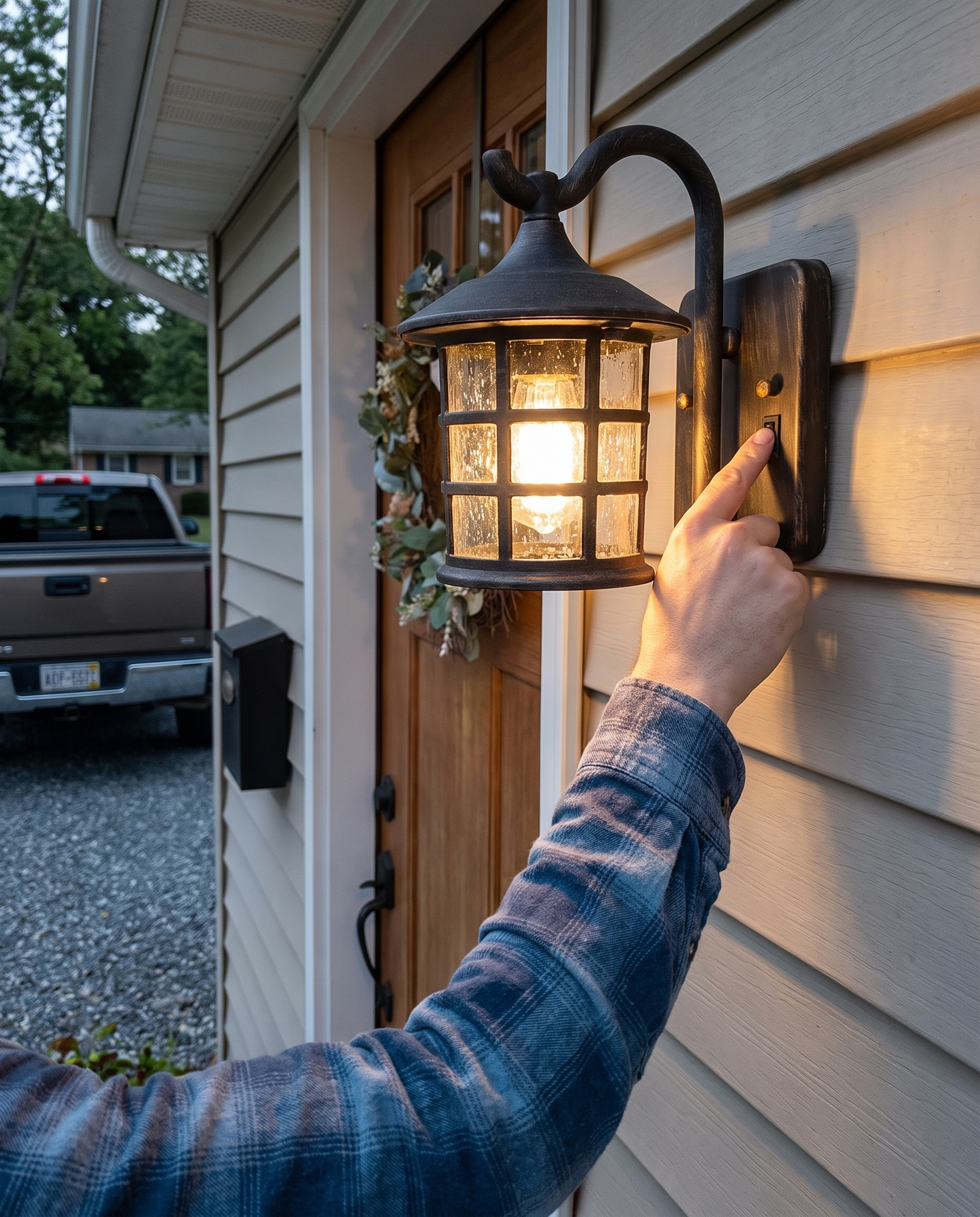 Farmhouse Outdoor Wall Sconce with Textured Glass Shade in use