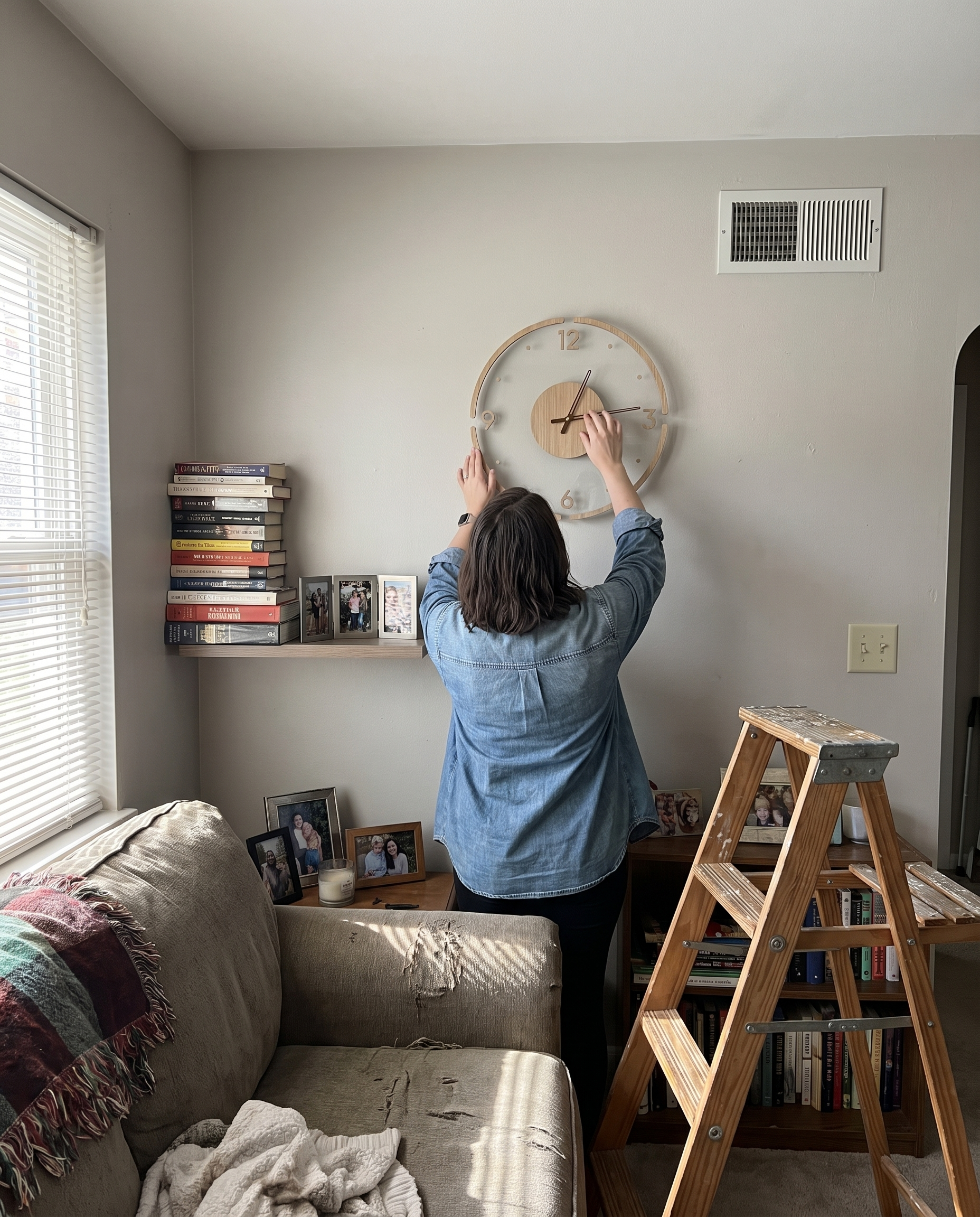 Whisper-Quiet Wall Clock with Wood & Acrylic Face in use