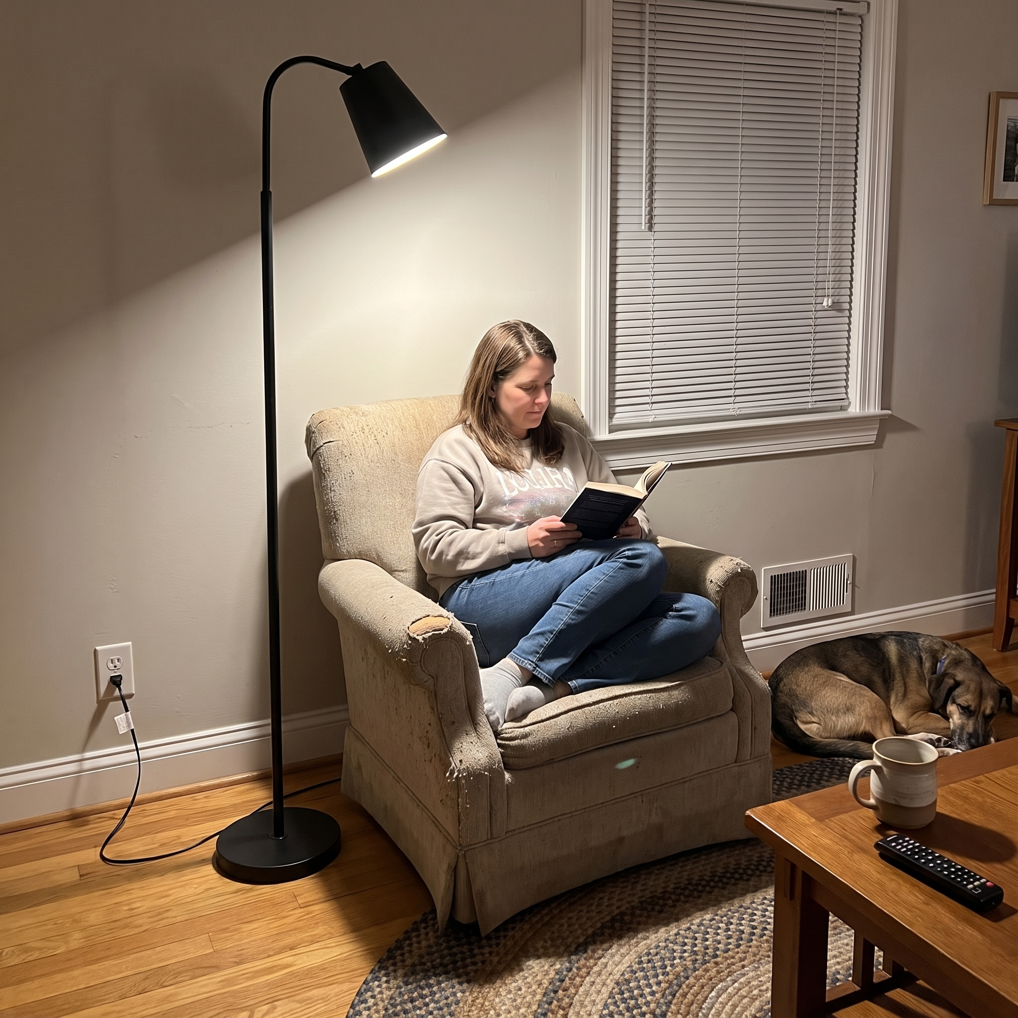 Adjustable Reading Floor Lamp with Metal Arm and Round Wood Base lifestyle