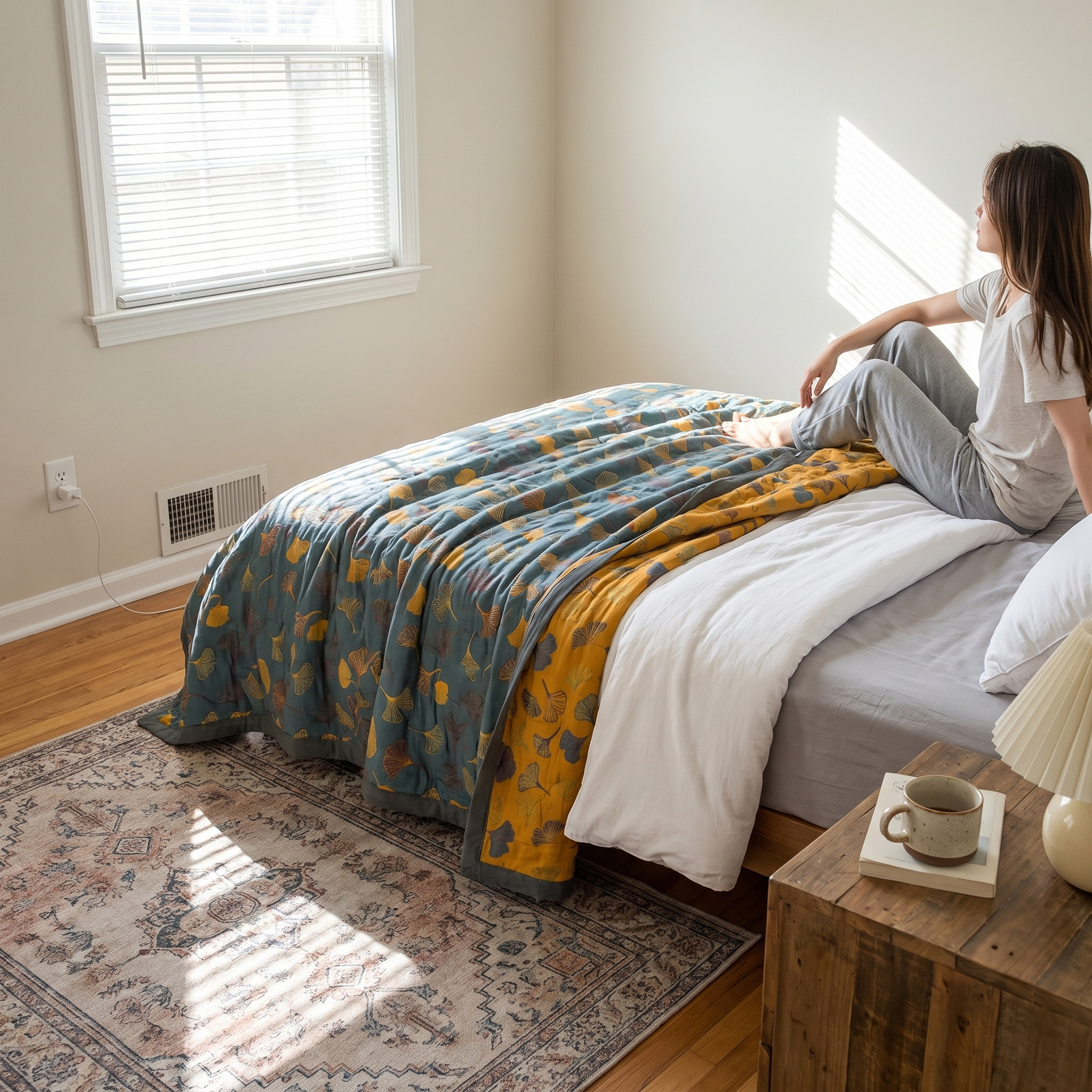 Reversible Cotton Quilt Ginkgo Leaf Botanical Print Bedspread Comforter Coverlet for Bedroom Decor Queen King Full Size Soft Breathable lifestyle