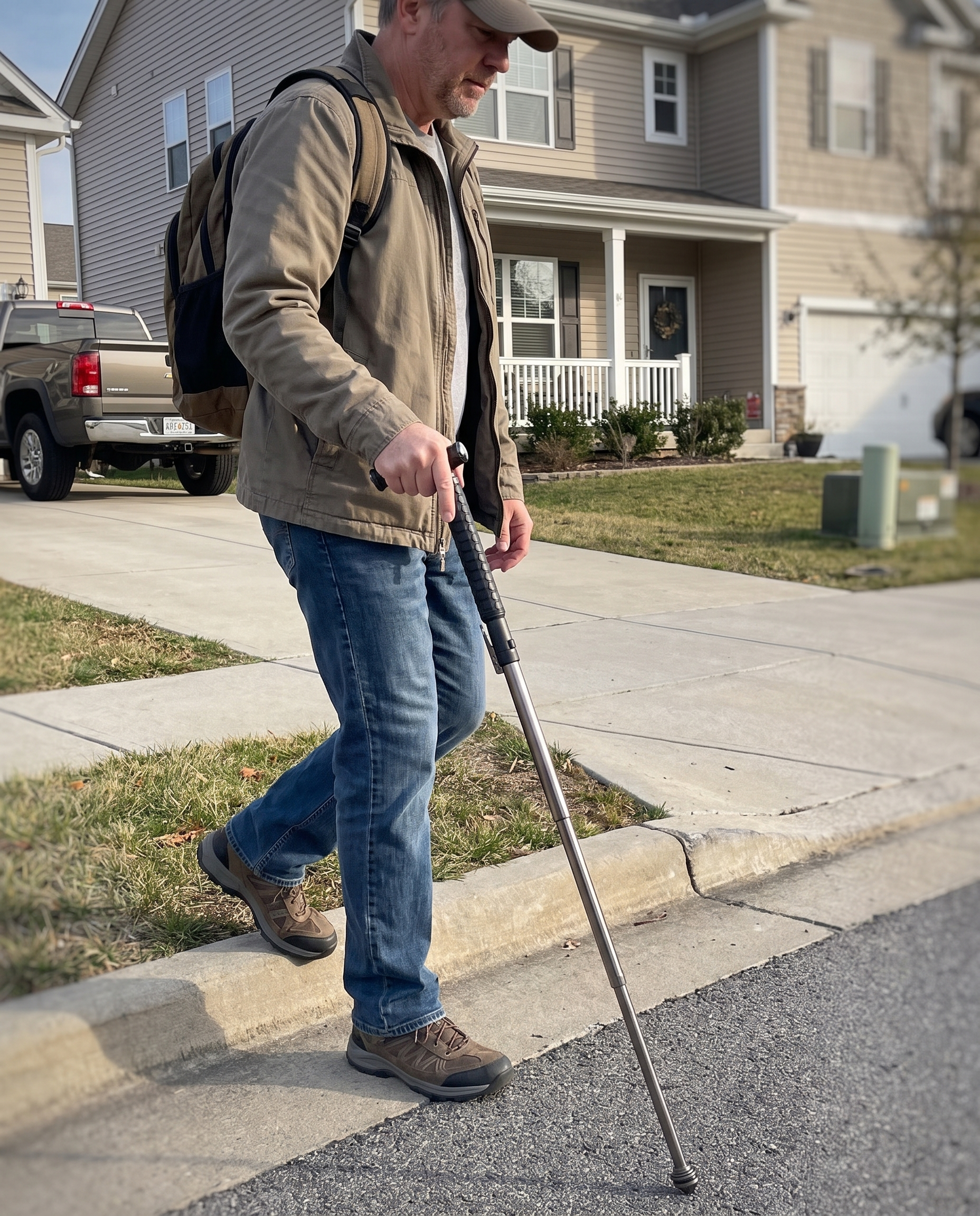 Collapsible Walking Stick with One-Touch Deploy for Urban Safety & Hiking Support in use