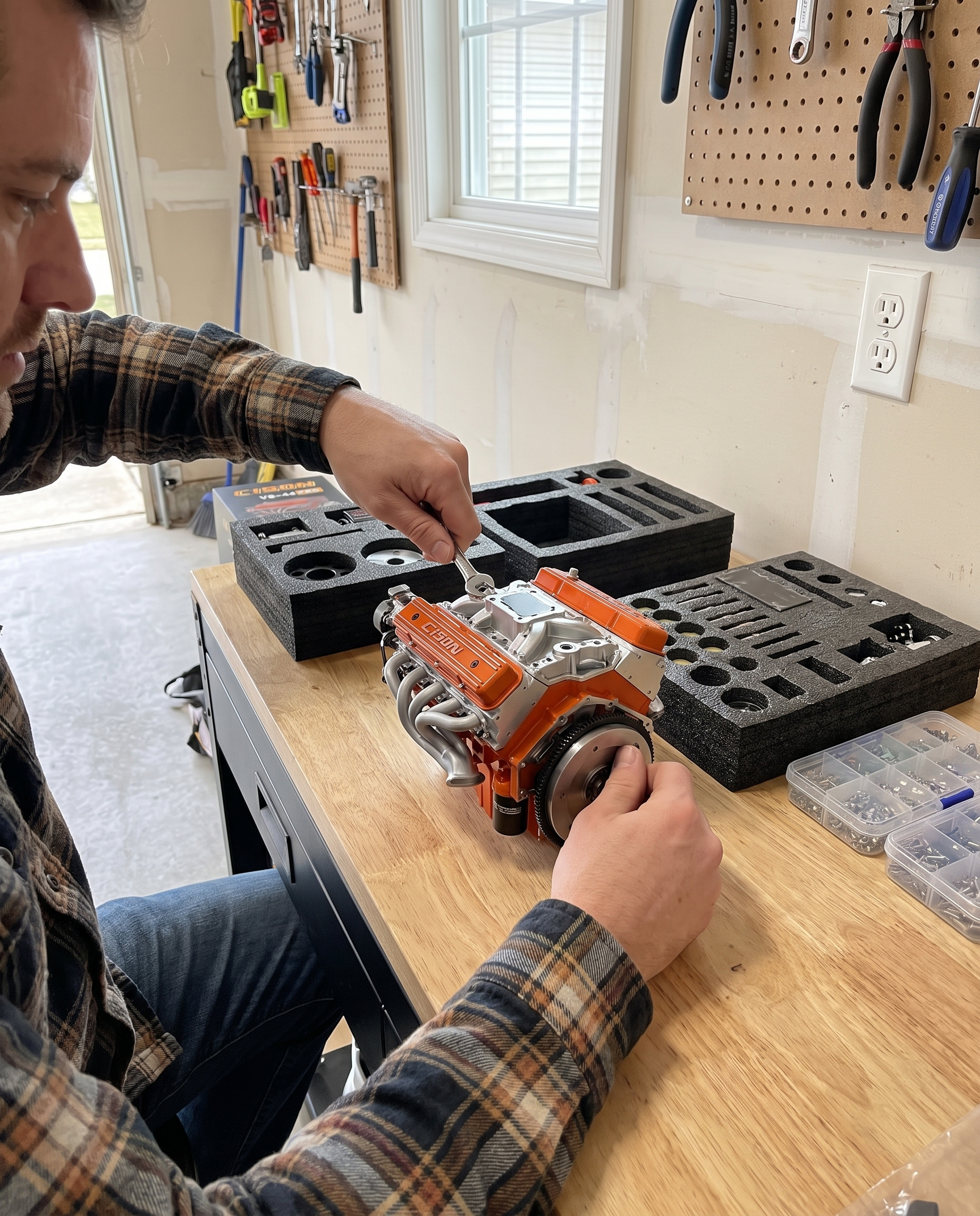 Working V8 Gasoline Engine Model Kit Metal Miniature Motor in use