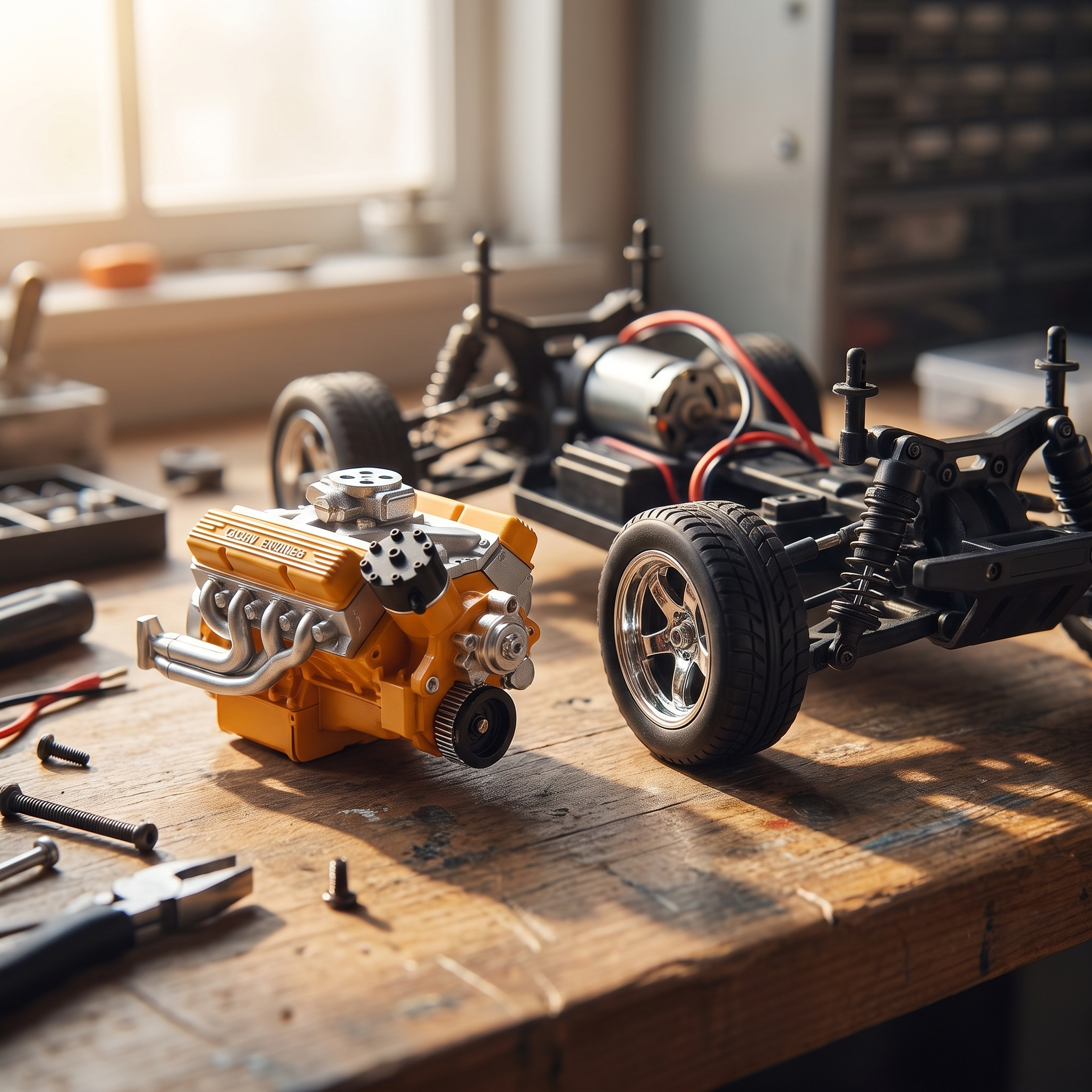 Miniature V8 gasoline engine next to an RC chassis on a hobby workbench