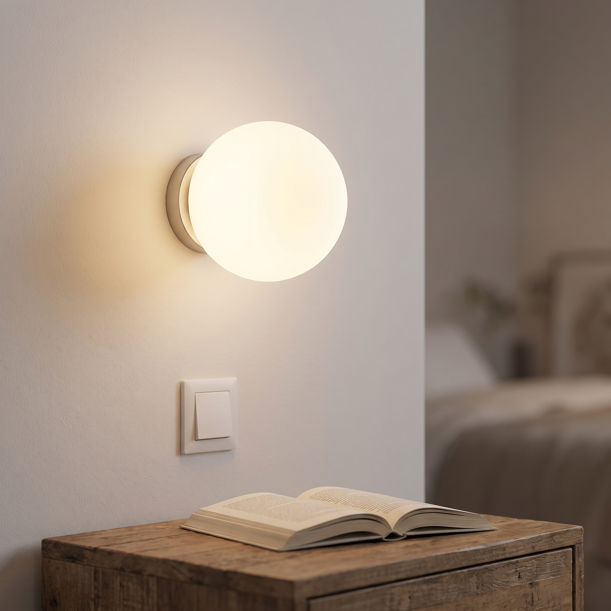 Ronde wandlamp met melkglas in warm wit boven een nachtkastje