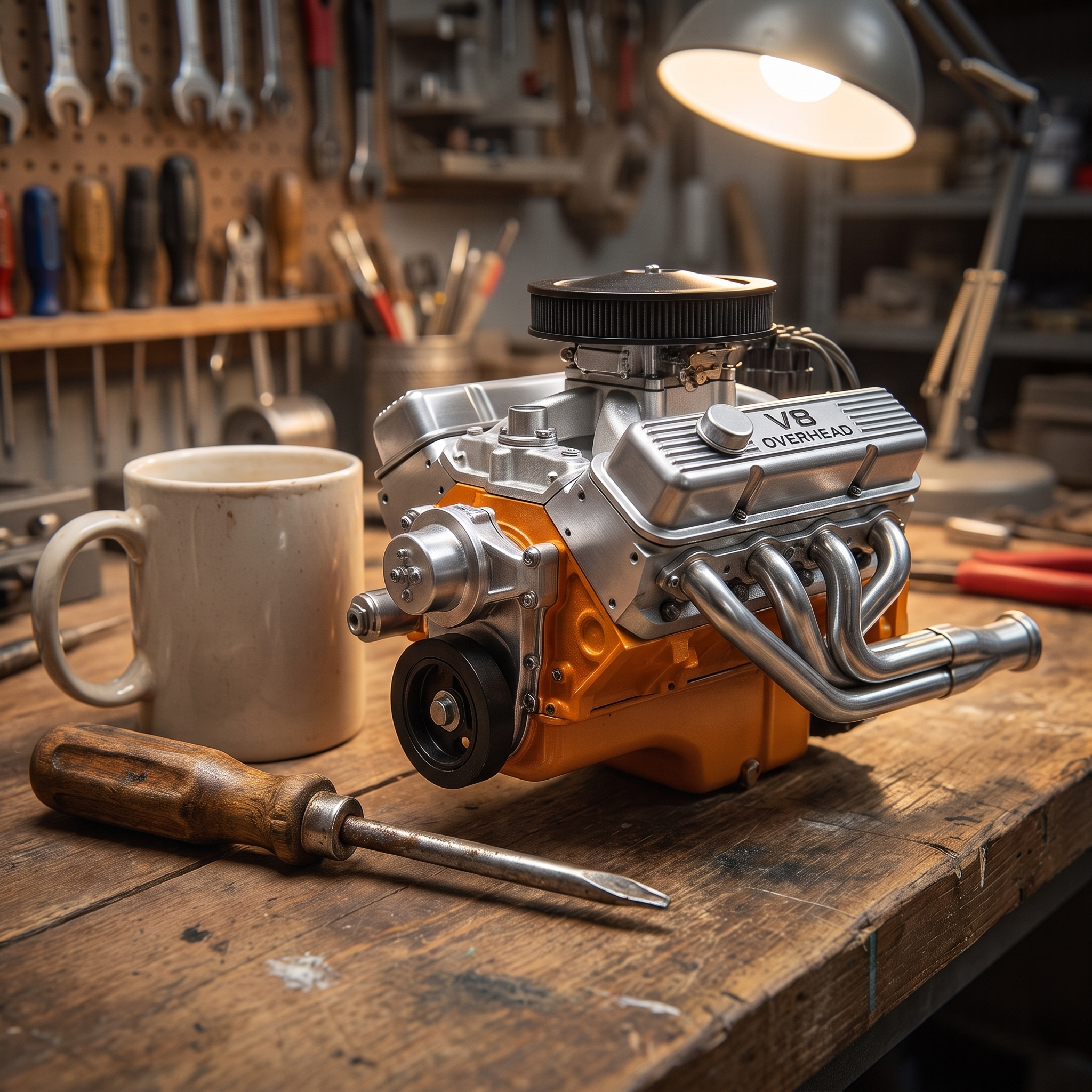 Funktionierender Miniatur-V8-Modellmotor aus Metall auf einer Werkbank