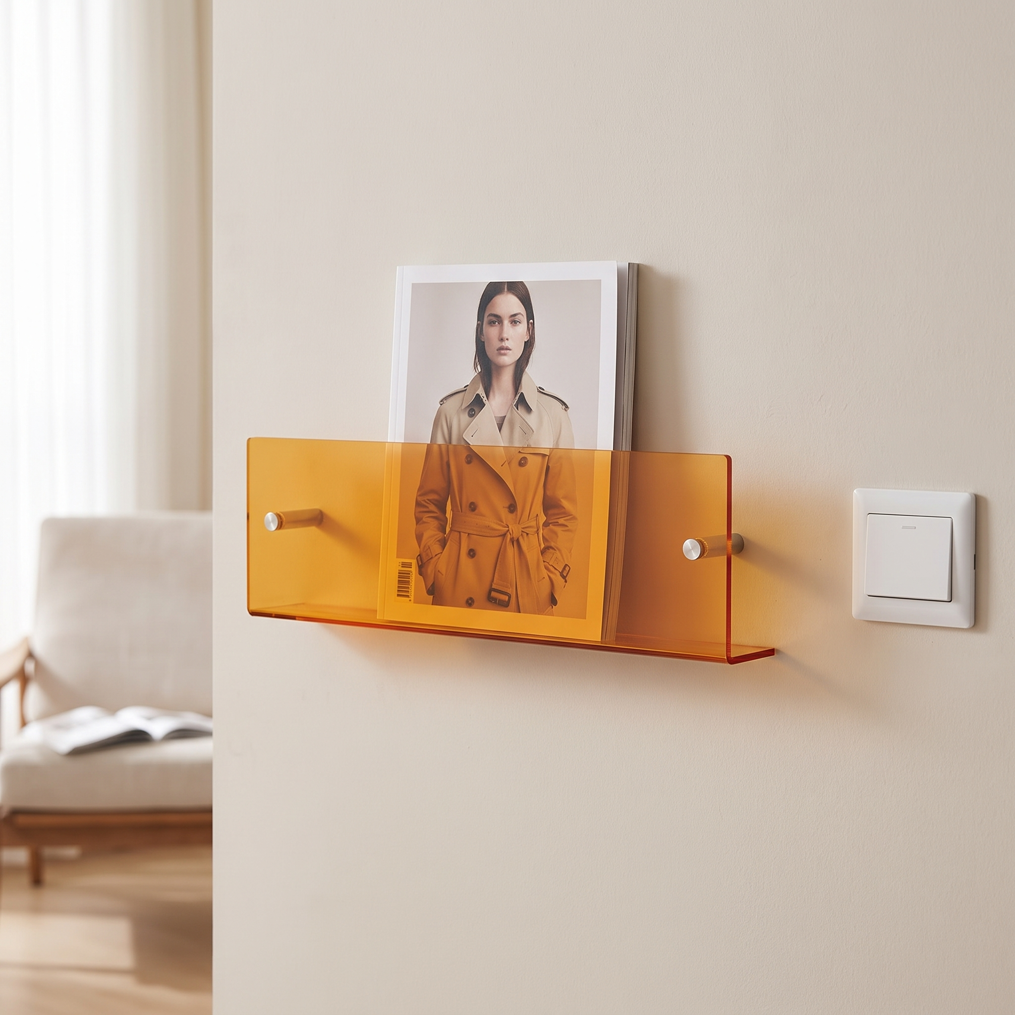 Transparent wall-mounted magazine rack above a reading chair in the living room