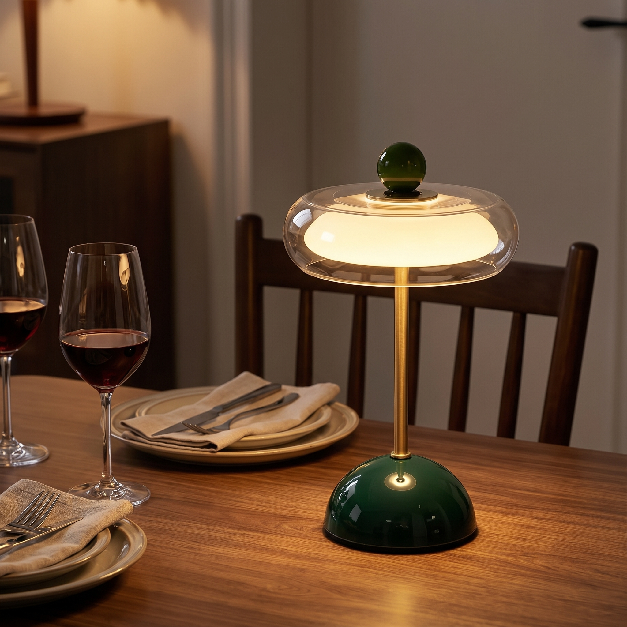 Kabellose gläserne Tischlampe auf einem gedeckten Esstisch