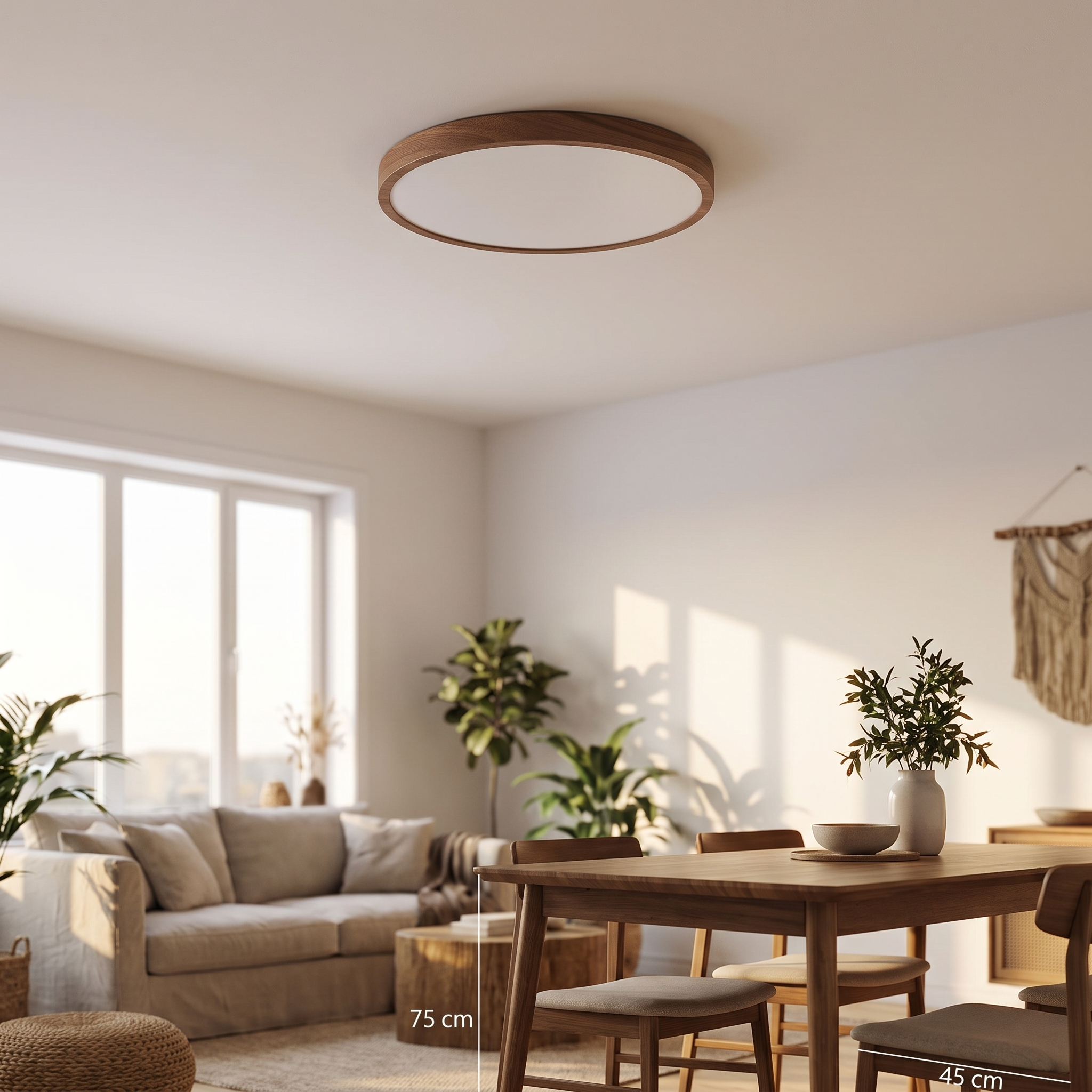 30 cm walnut wood-look ceiling light in a Scandinavian living room