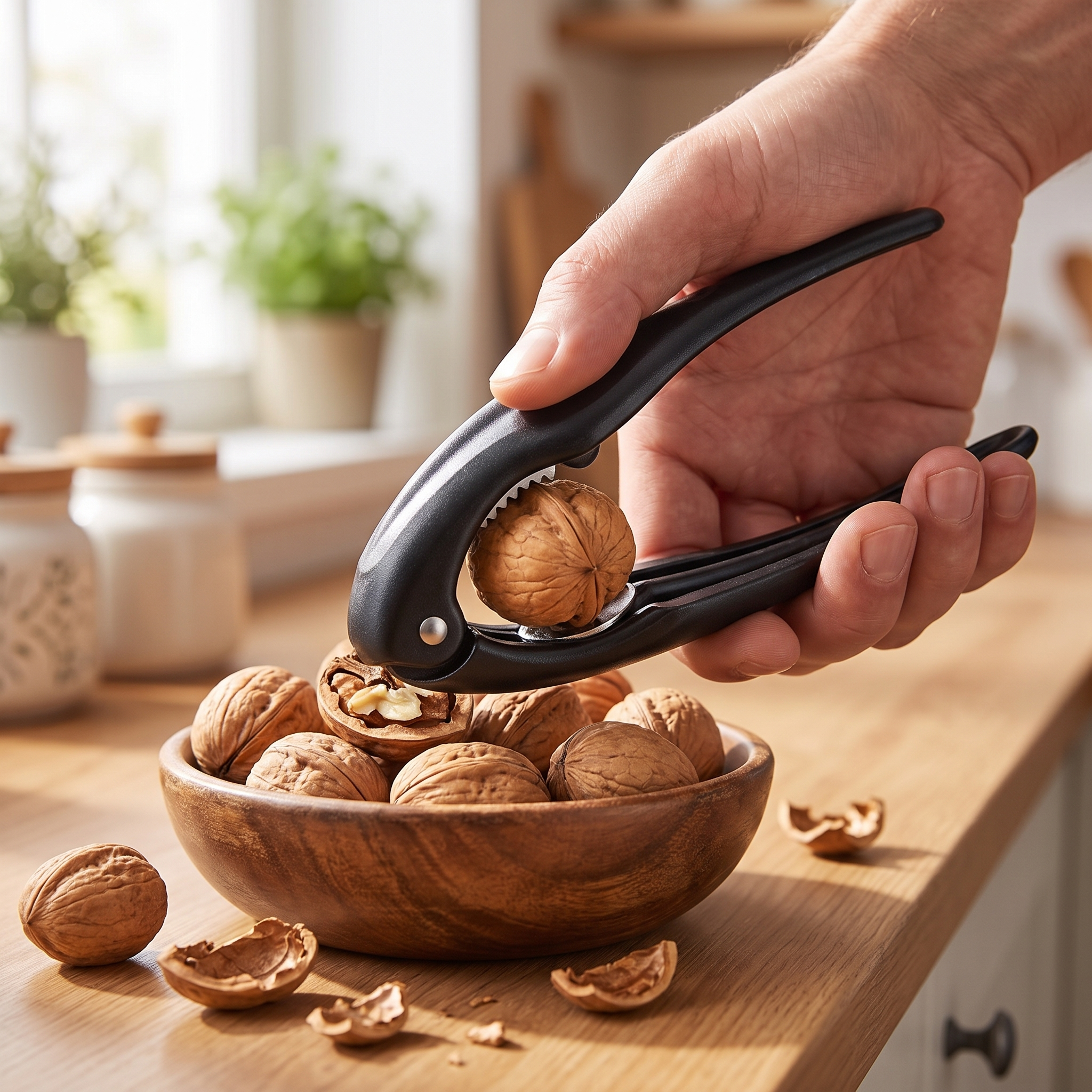 Stainless steel nutcracker cracking a walnut over a wooden bowl