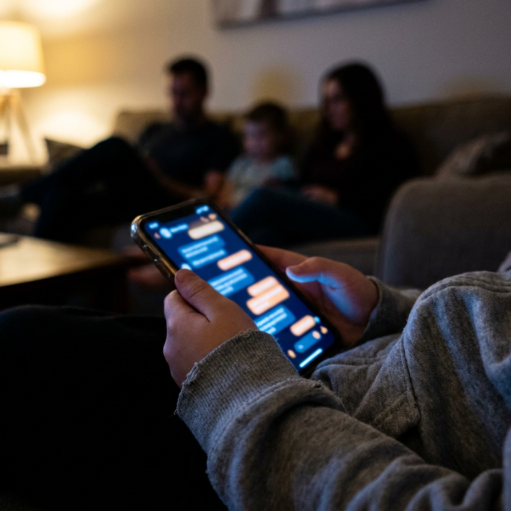 Child on phone, disconnected from family in the background