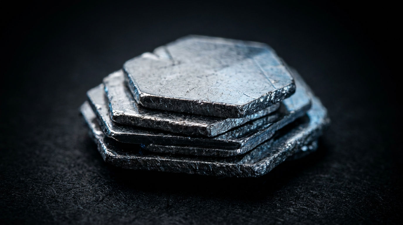 Macro photography of natural graphite flake crystals with metallic hexagonal layered structure