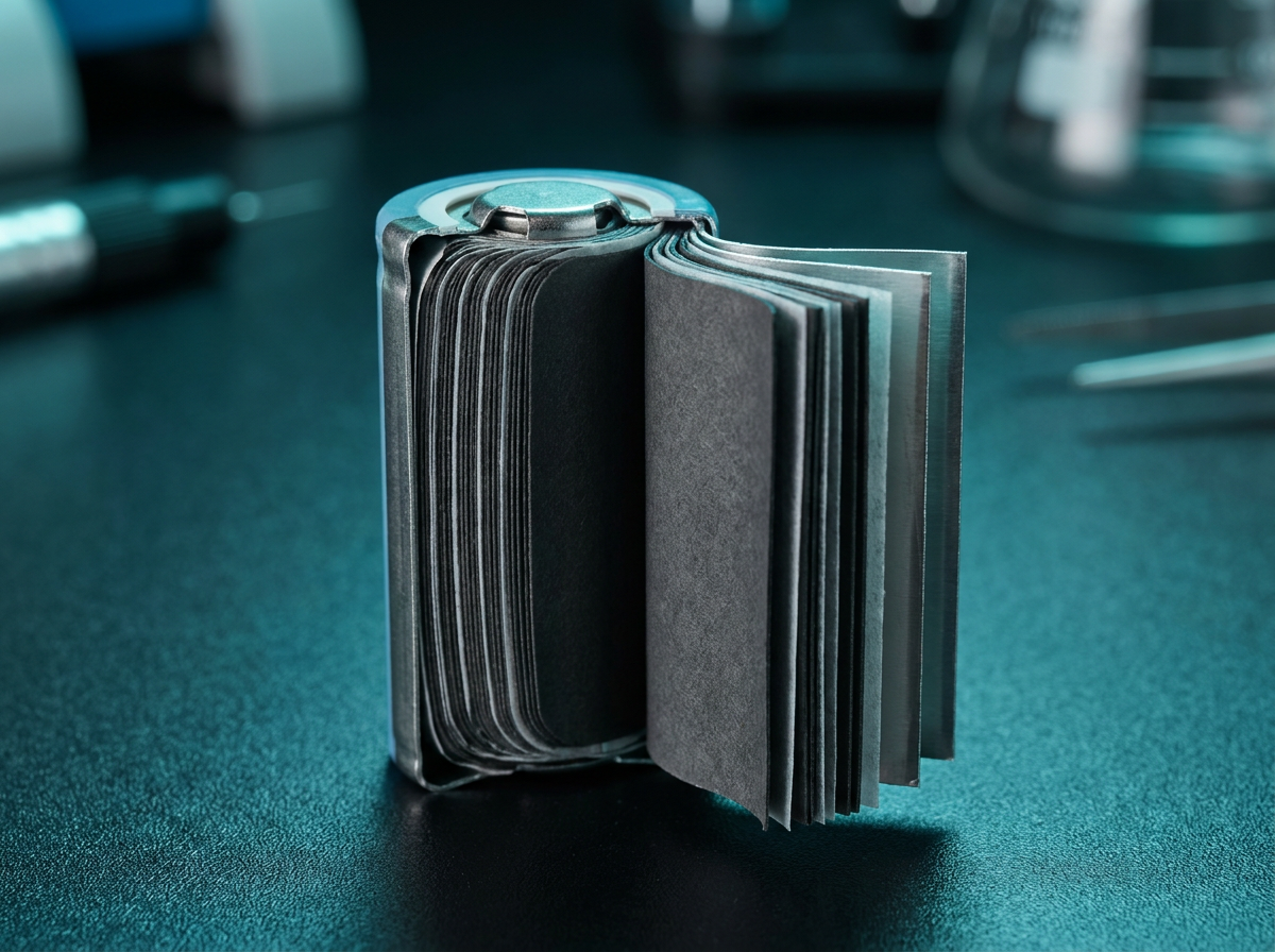 Lithium-ion battery cell cross-section showing graphite anode layers for energy storage