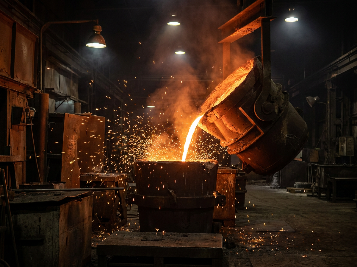 Molten steel being poured into graphite crucible in industrial foundry