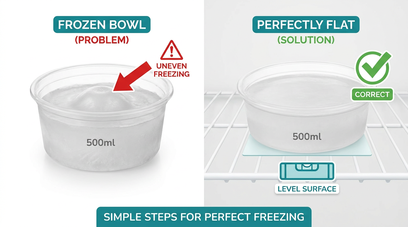 Dôme de glace sur la base congelée vs surface plate correcte — infographie ICED Method