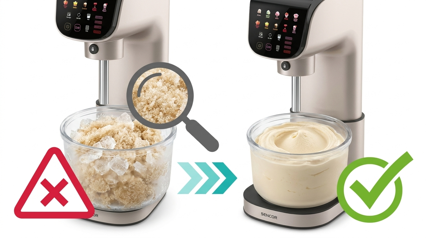 Zrnitá zmrzlina v Sencor SIC 5050WS Gelatiera: před a po opravě Re-Mix — infografika ICED Method