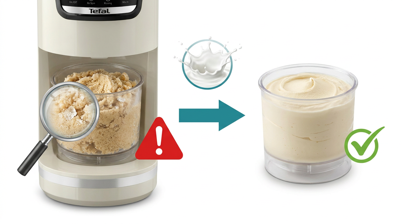 Grainy ice cream in Tefal Dolci: before and after re-spin fix — ICED Method infographic