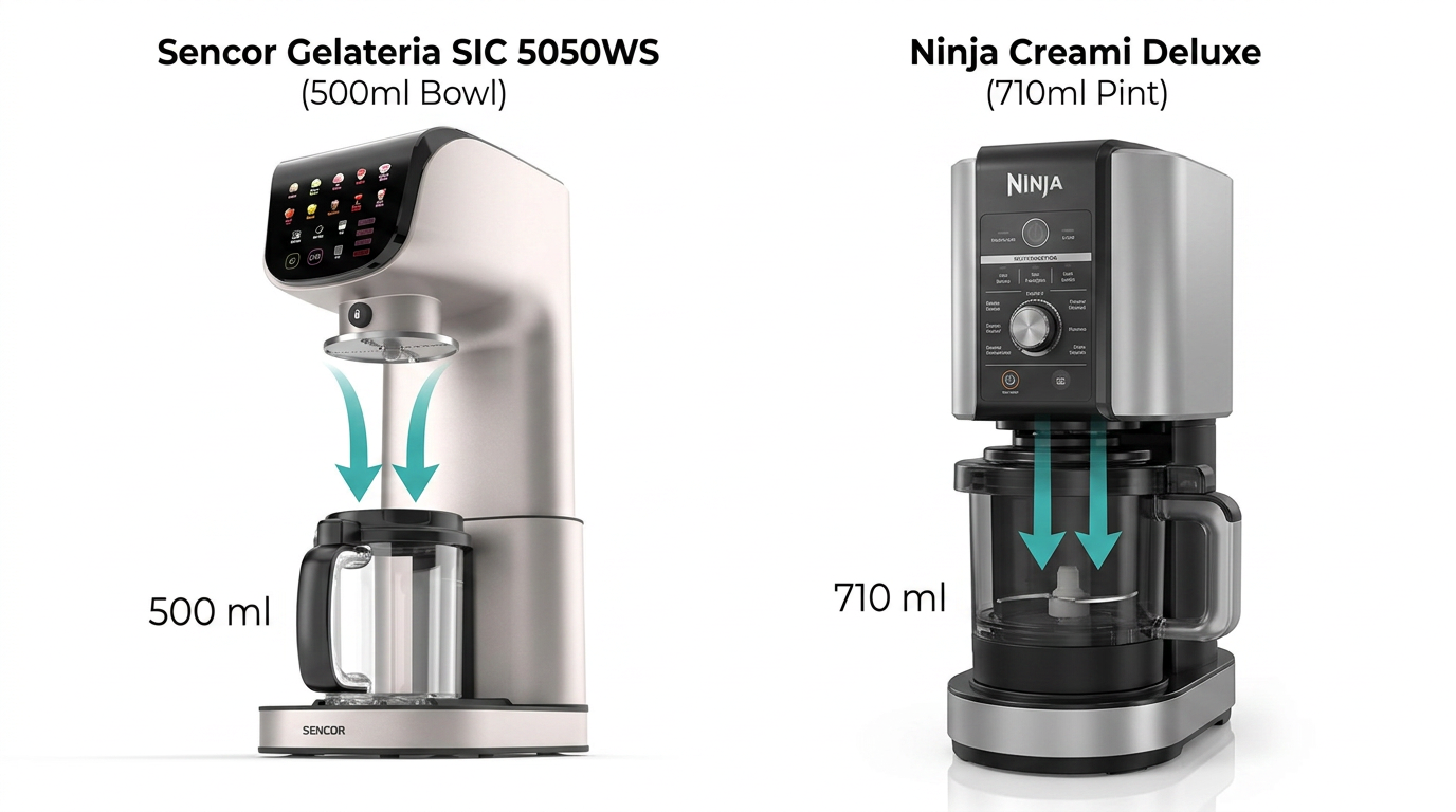 Mechanismus Sencor SIC 5050WS Gelatiera vs Ninja Creami Deluxe — srovnání ICED Method