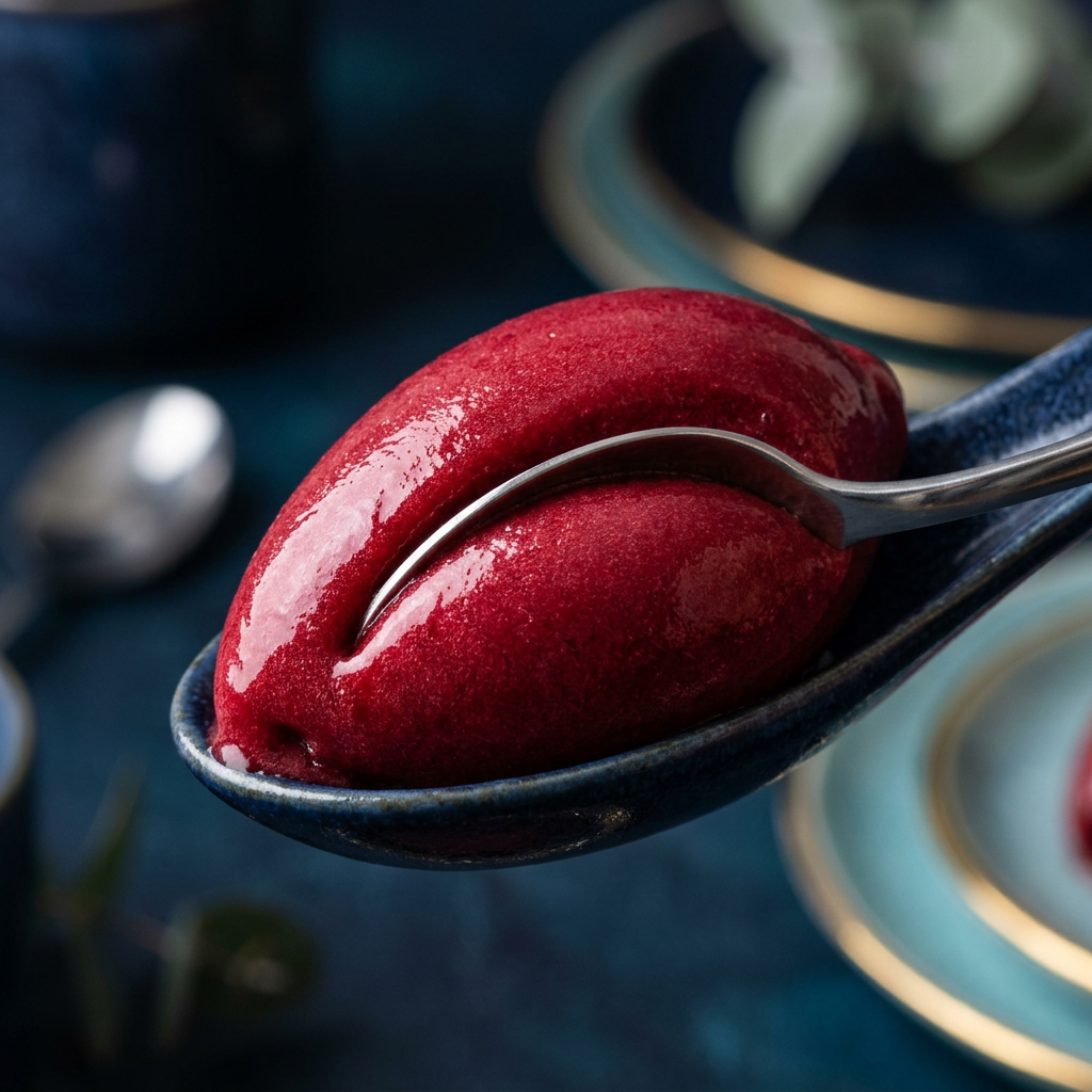 Ausgewogenes Sorbet: glänzende, samtige Oberfläche, keine sichtbaren Kristalle