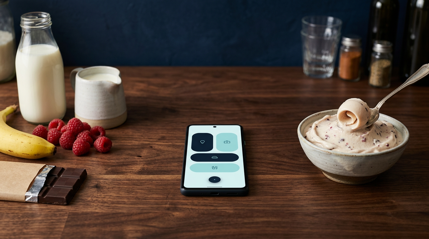 Vom Kühlschrank zum Löffel: Zutaten, das Telefon mit der Schaltflächen-App, die fertige Eisschale